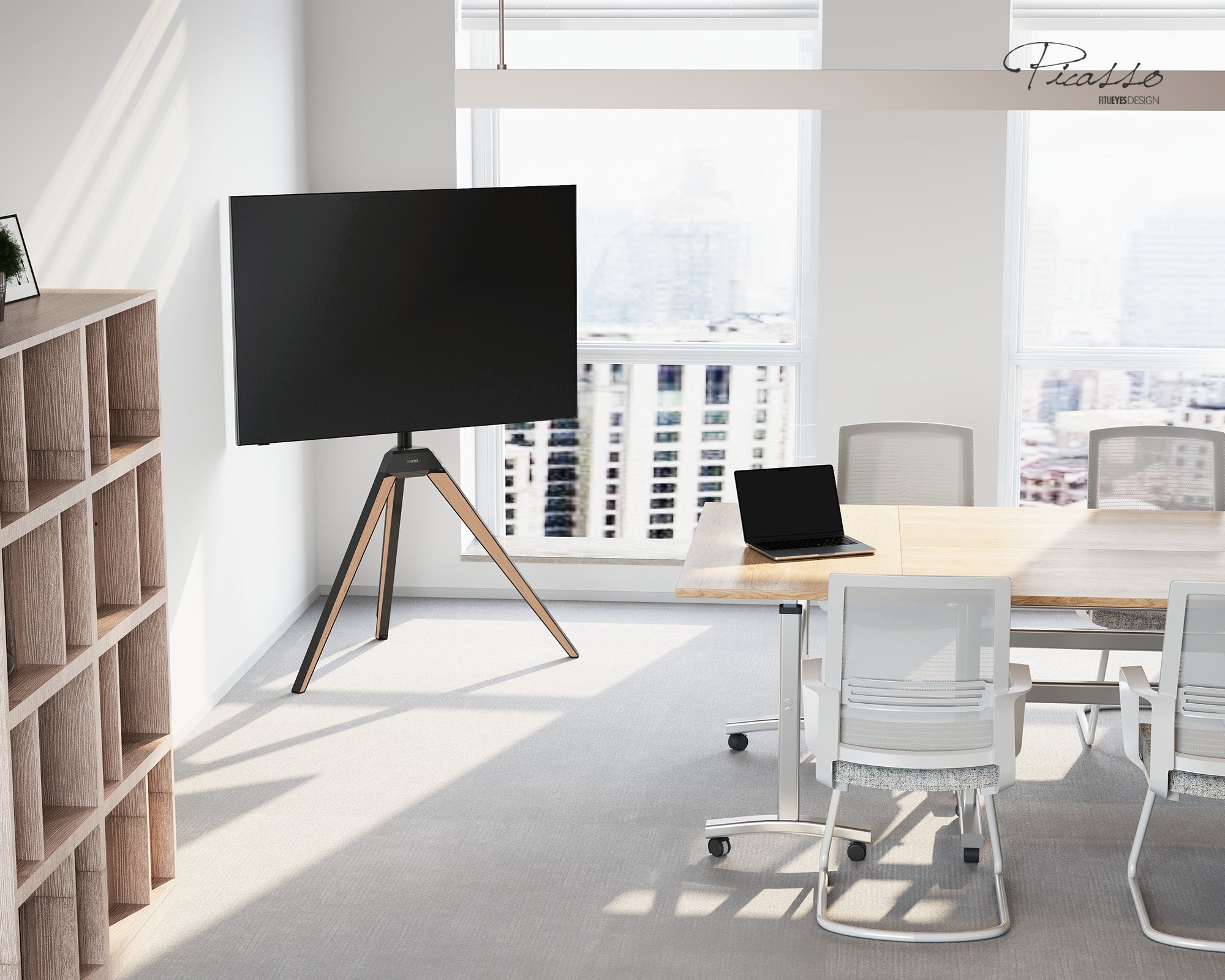 Triangular TV stand in the corner of the conference room
