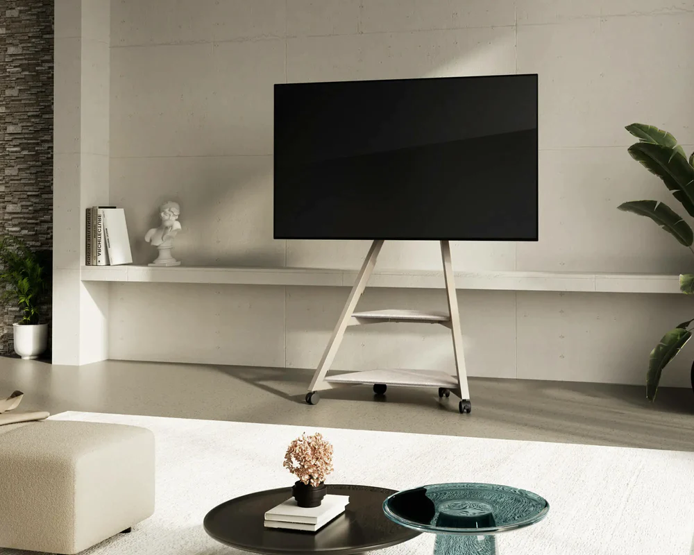 Floor TV stand with wheels in camel in the living room.
