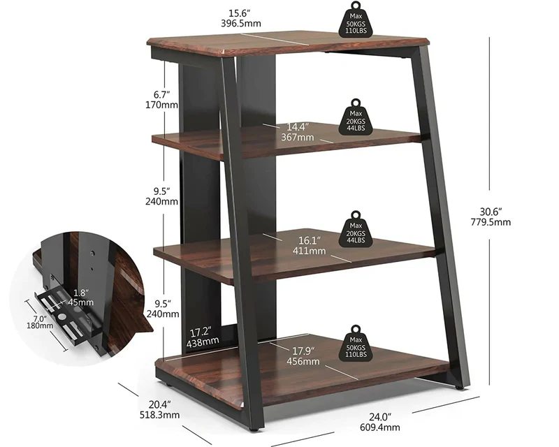 HiFi stand with walnut wood finish and 4-tier open shelving