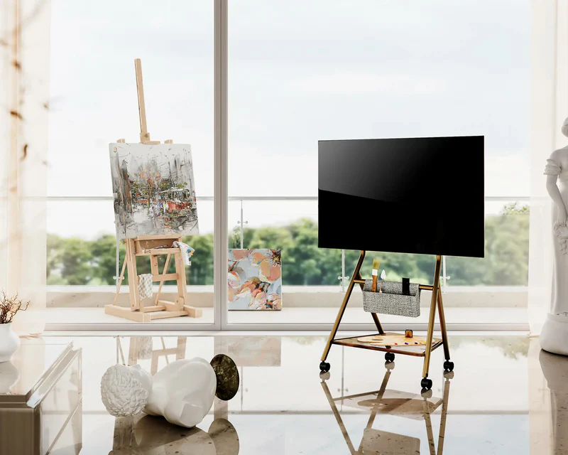 rolling tv stand in the studio and gallery