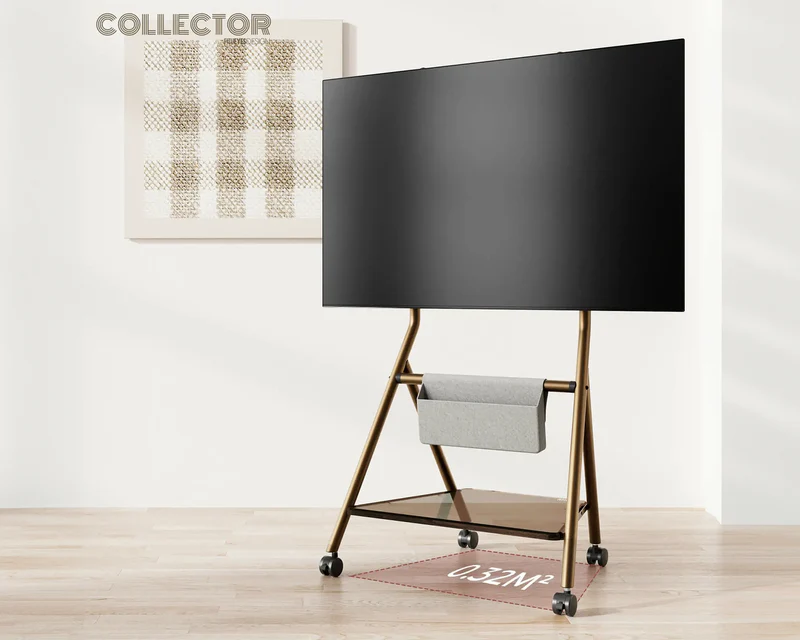 golden floor tv stand with wheels in the corner