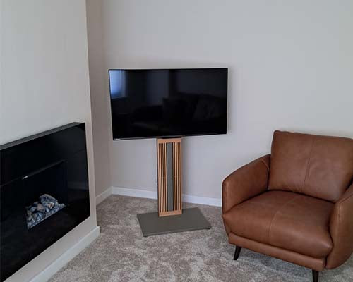 tv stand by the electric fireplace, morandi grey wood finish