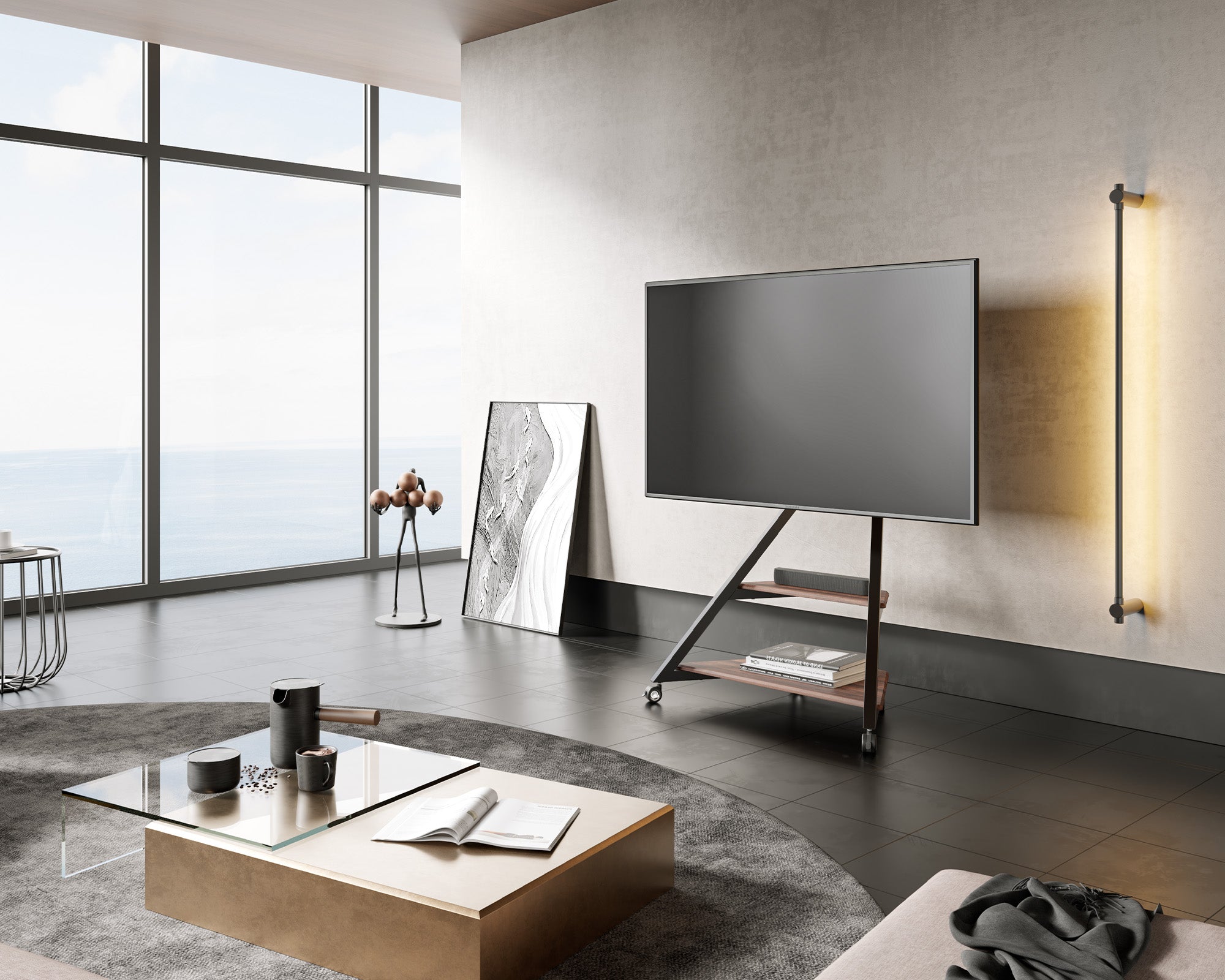Portable television stand, walnut wood, with wheels,in the living room