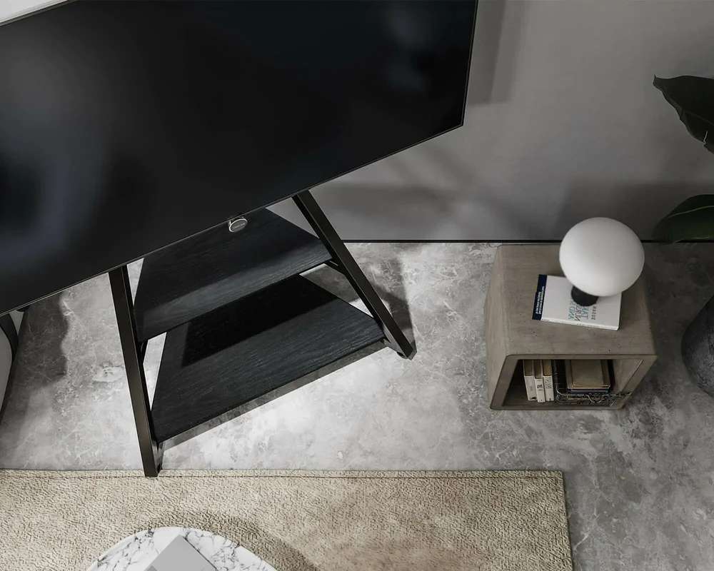 Black tv stand with 65 inch tv