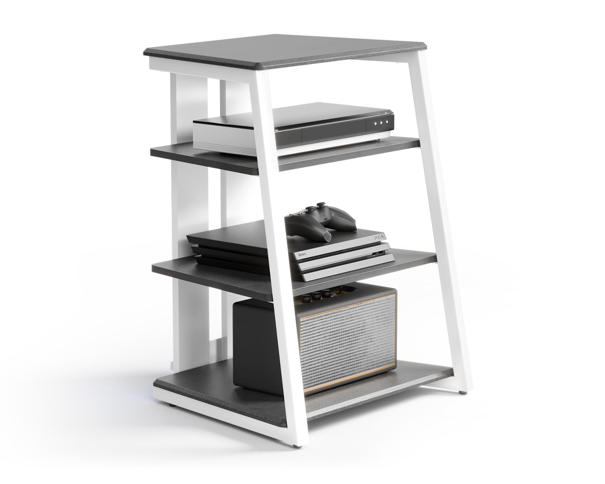 FITUEYES Eiffel HiFi stand with grey wood finish and 4-tier open shelving