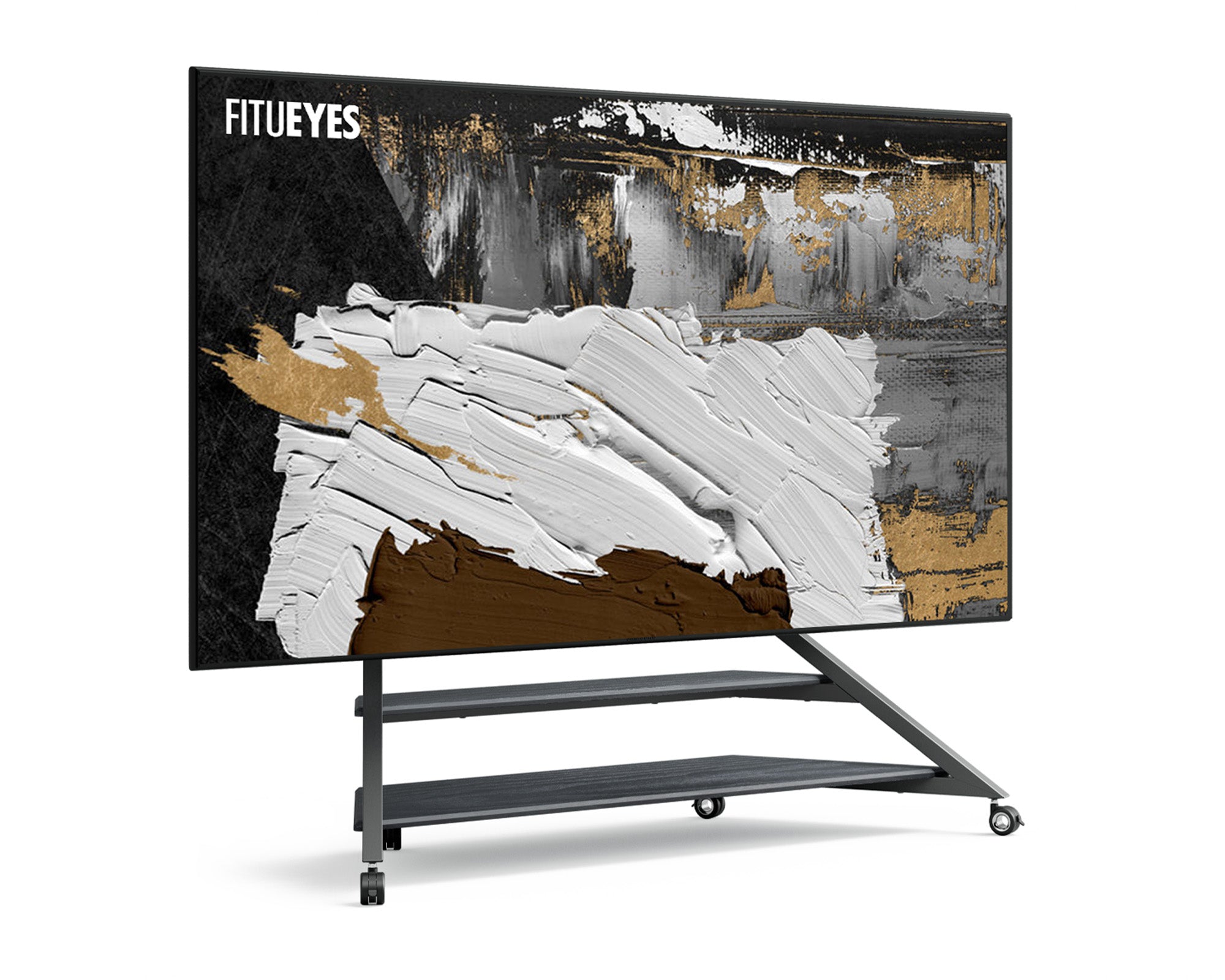 v2 ft100 portable television stand, rolling floor TV stand with sturdy base and minimalist black design, compatible with 75-100 inch TVs.