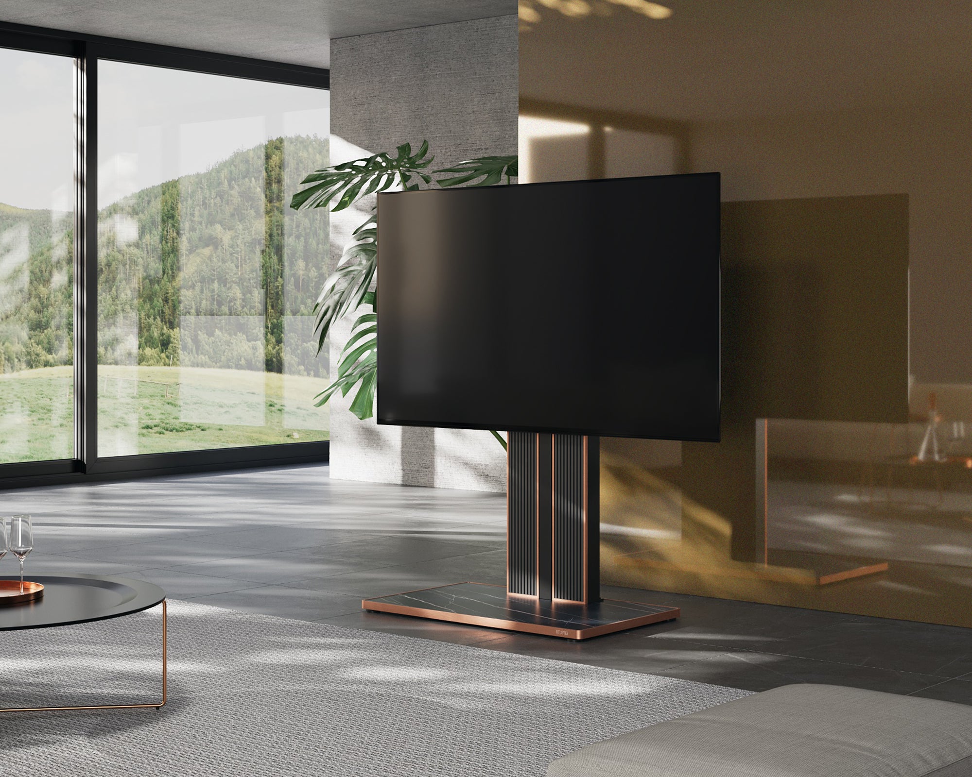 black floor tv stand in the living FITUEYES Cantor 100 inch tv