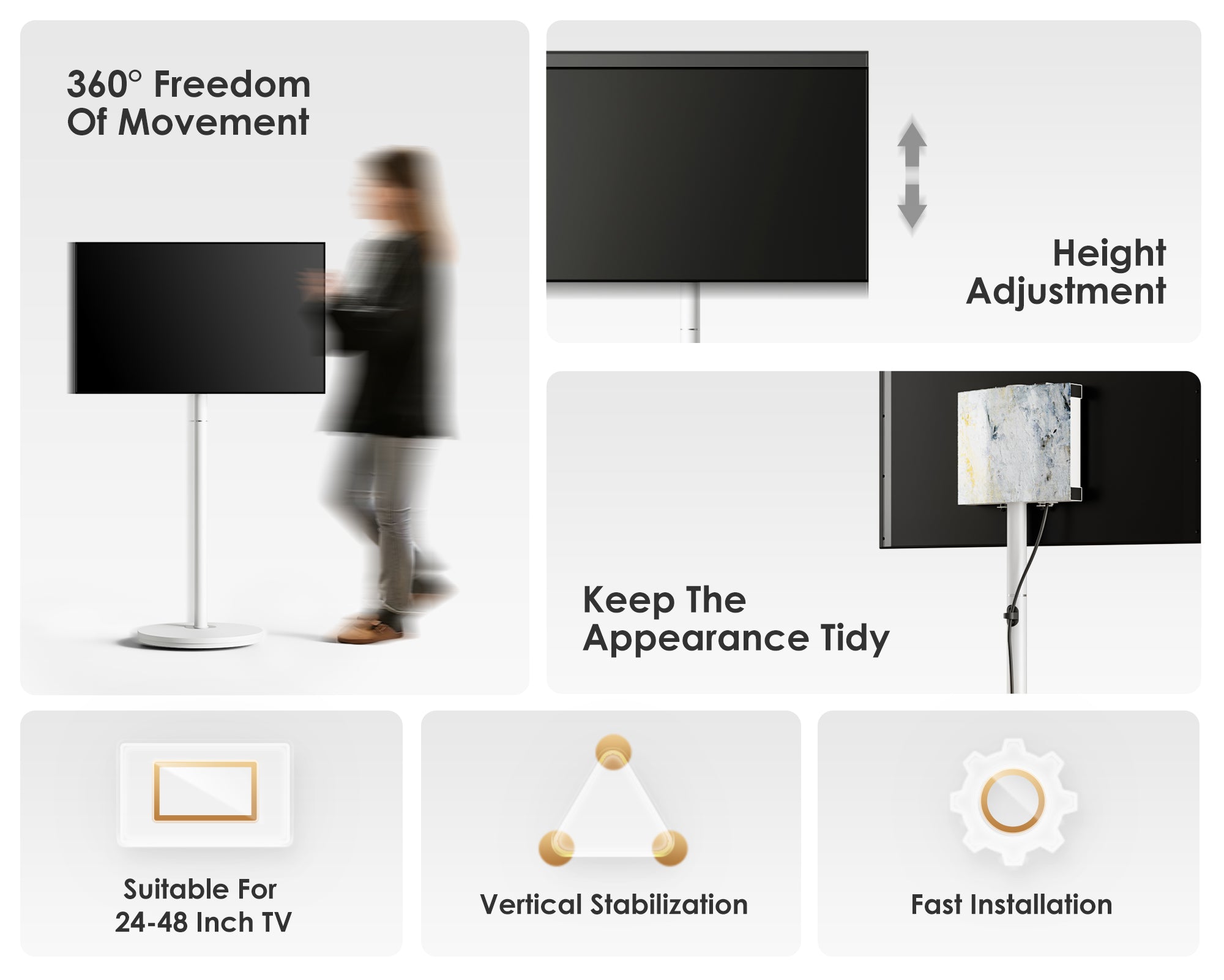 White portable TV stand on rollers, suitable for 24-48 inch screens.