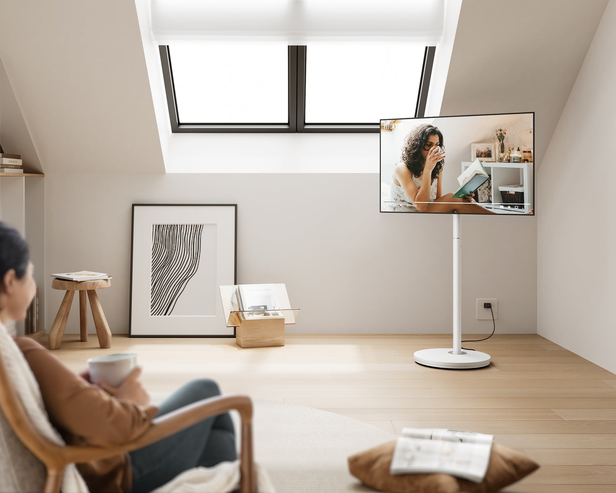 White floor TV stand on casters for 24-48 inch TVs placed in the loft.