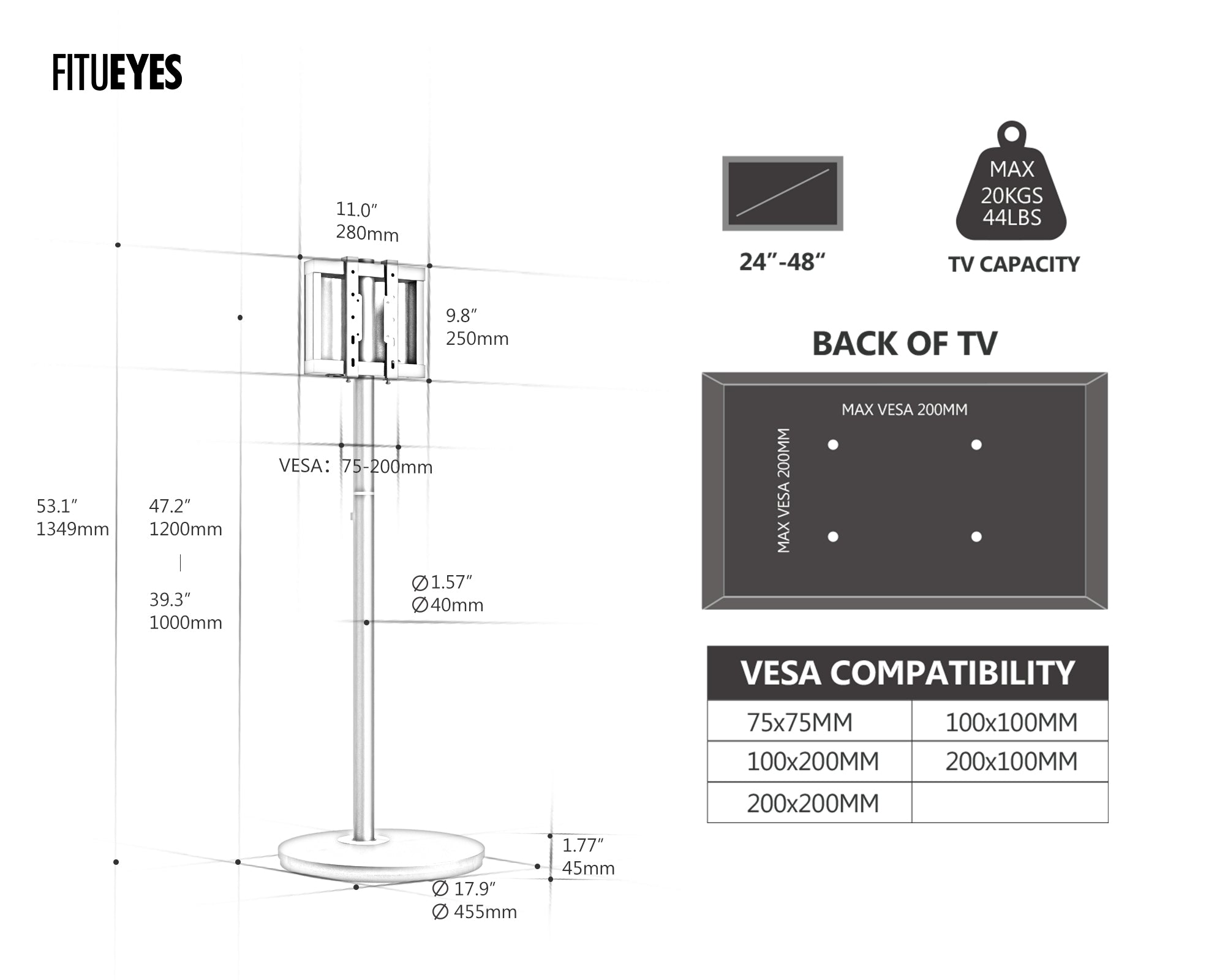 Dimensions of black floor standing TV stand on casters