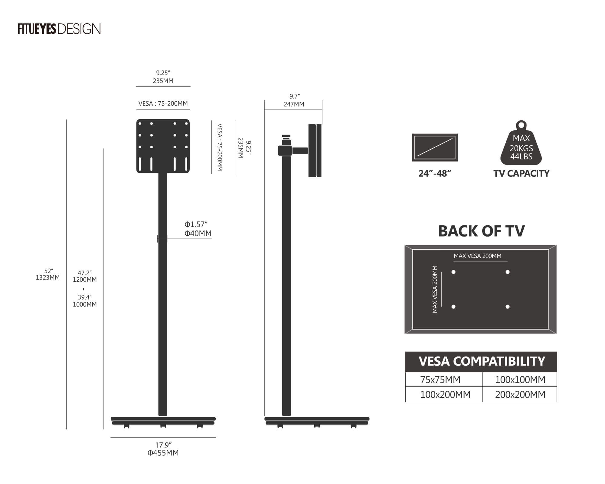 Master V2 PRO FT48 Floor TV Stand With Wheels