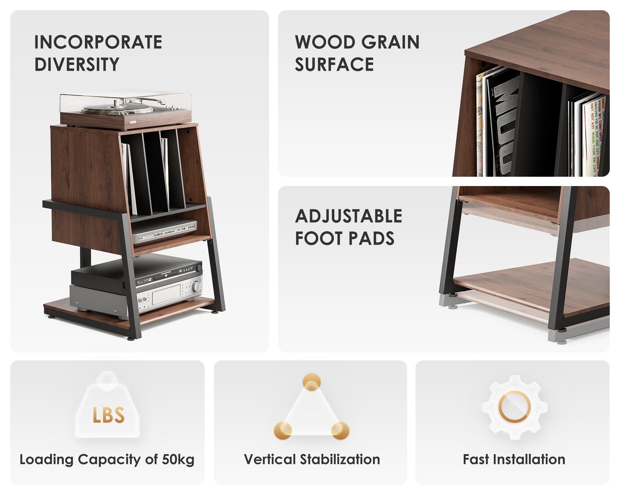 Multi-functional storage record player stand in wood finish in walnut colour