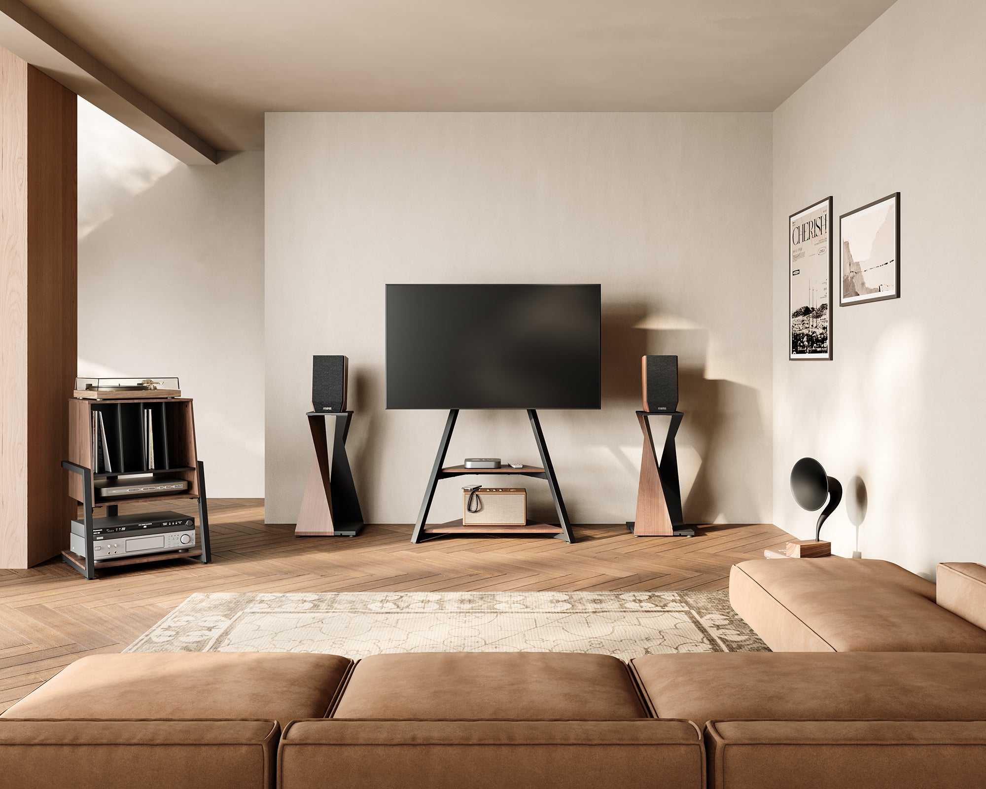 Record player cabinet in walnut in the living room.