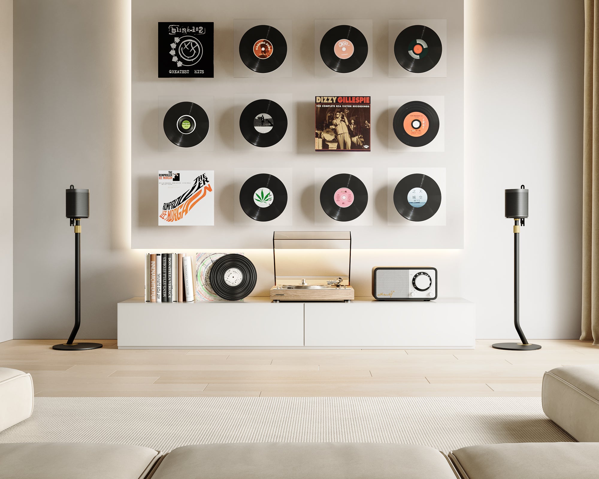 speaker stands with record player