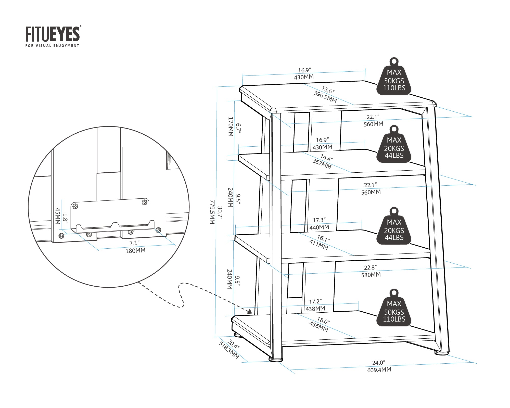 FITUEYES Eiffel Series F07 HiFi stand Dimension Drawing