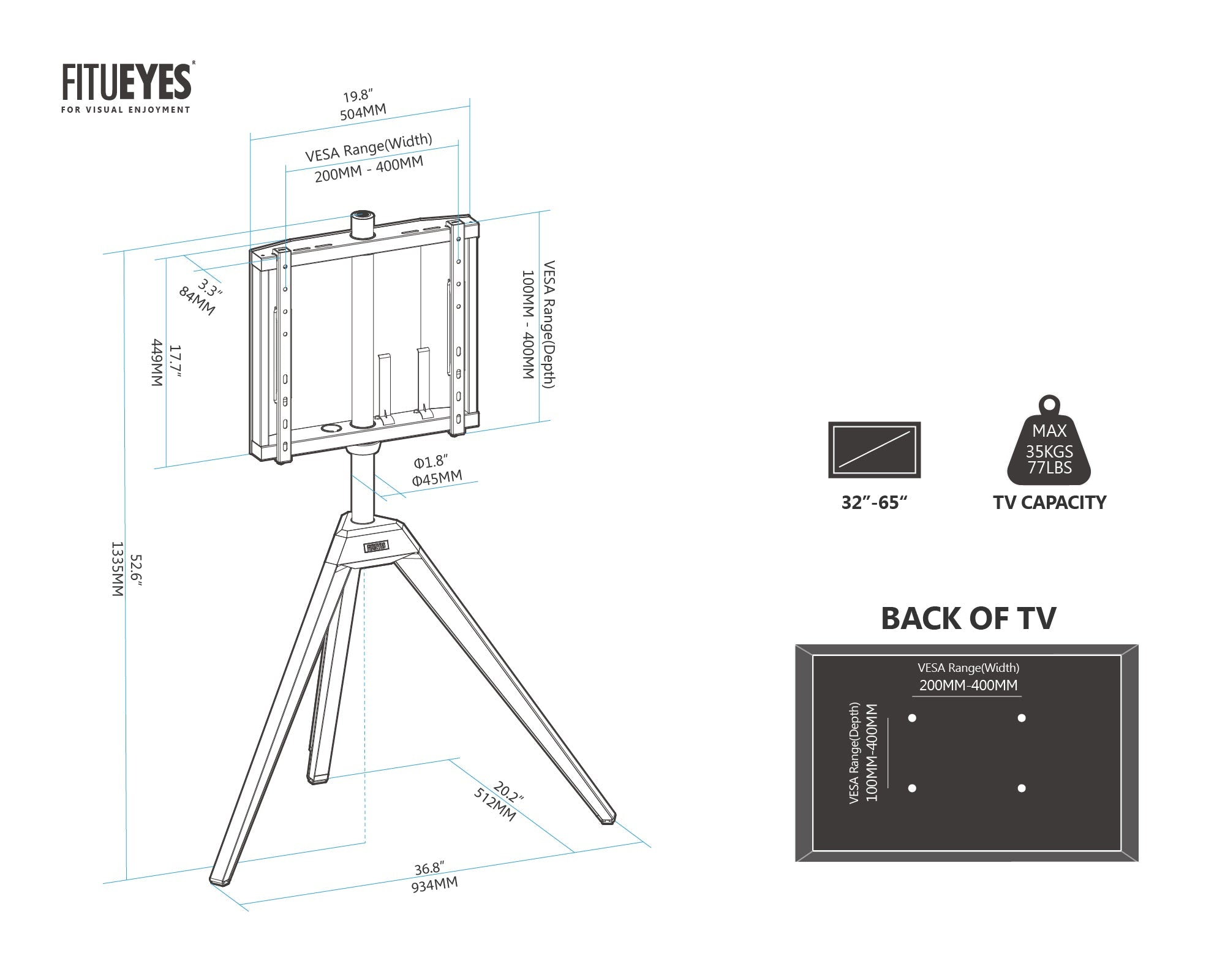 Dimension of picasso 32-65 inches tv stand