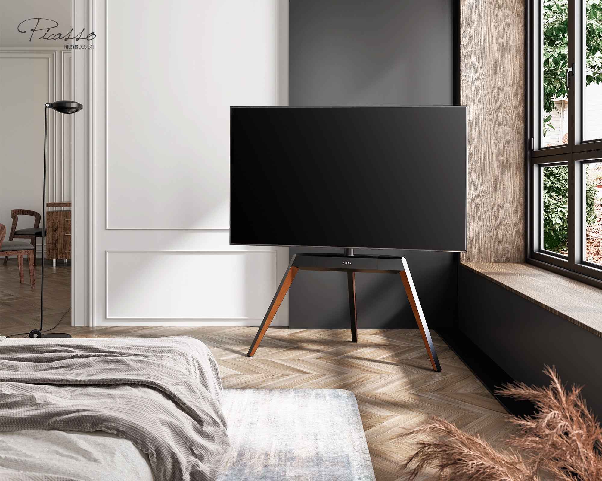 fitueyes picasso corner tv stand in the bedroom