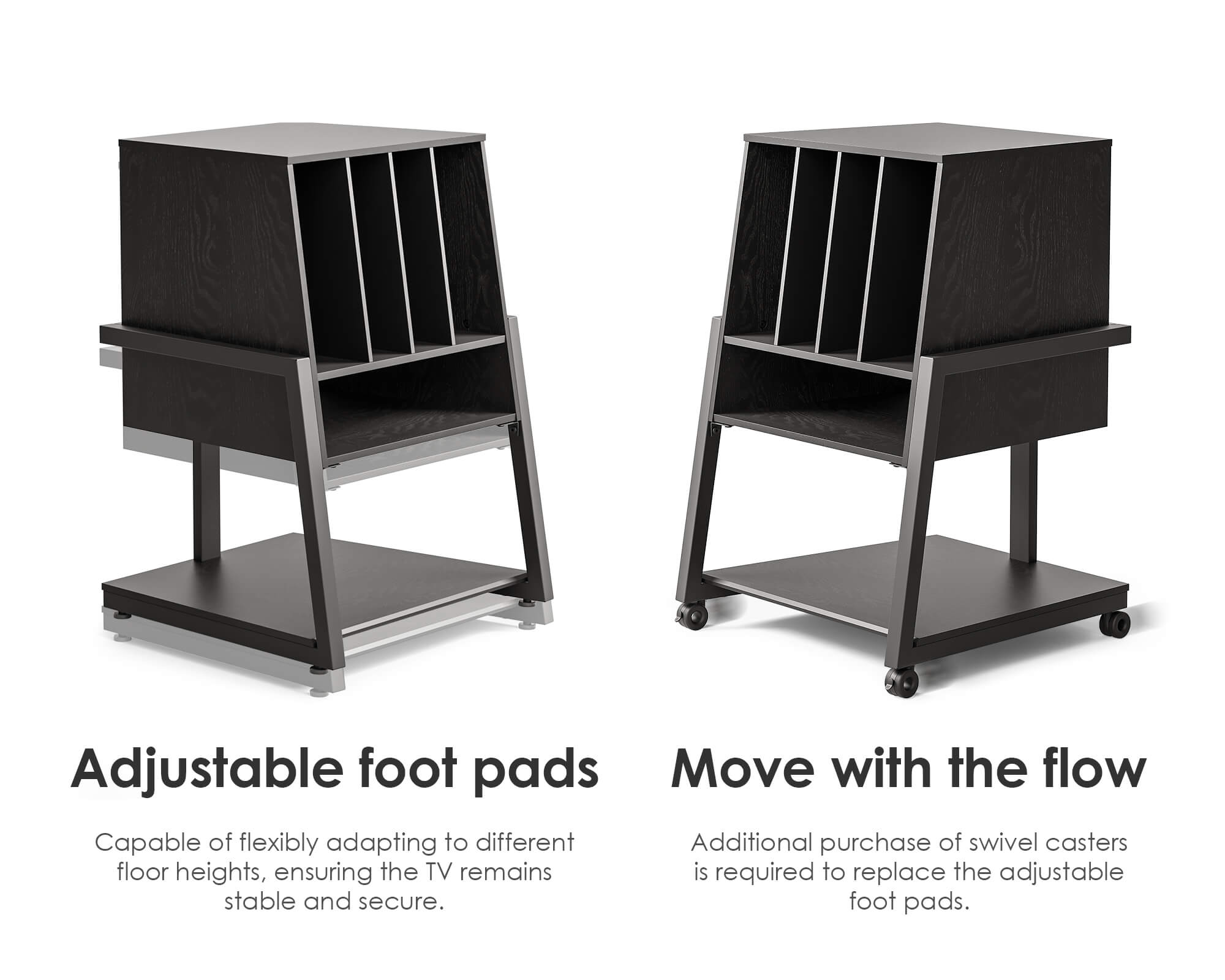 Black record player stand with wheels for freedom of movement.
