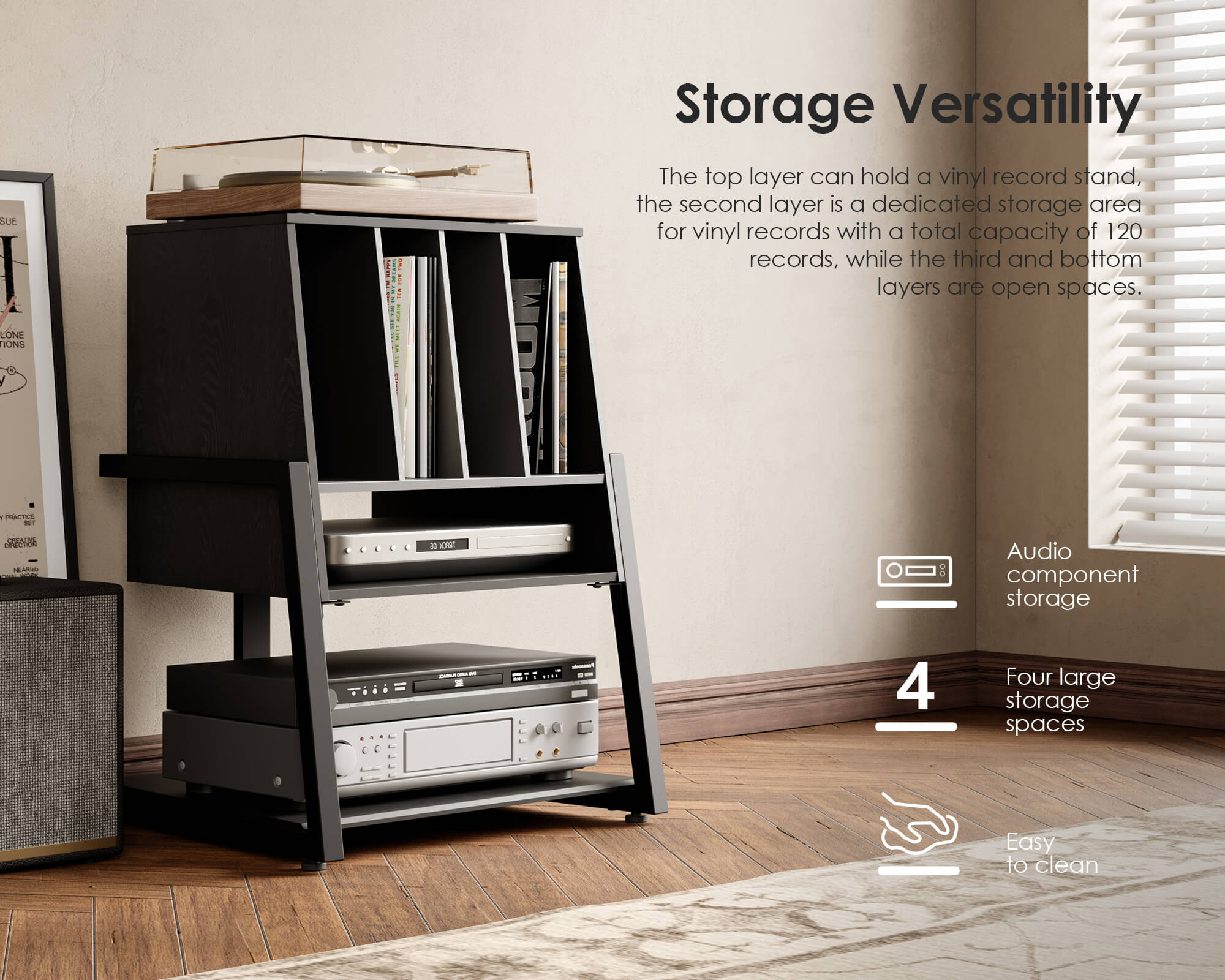 Black record player cabinet with four large storage compartments