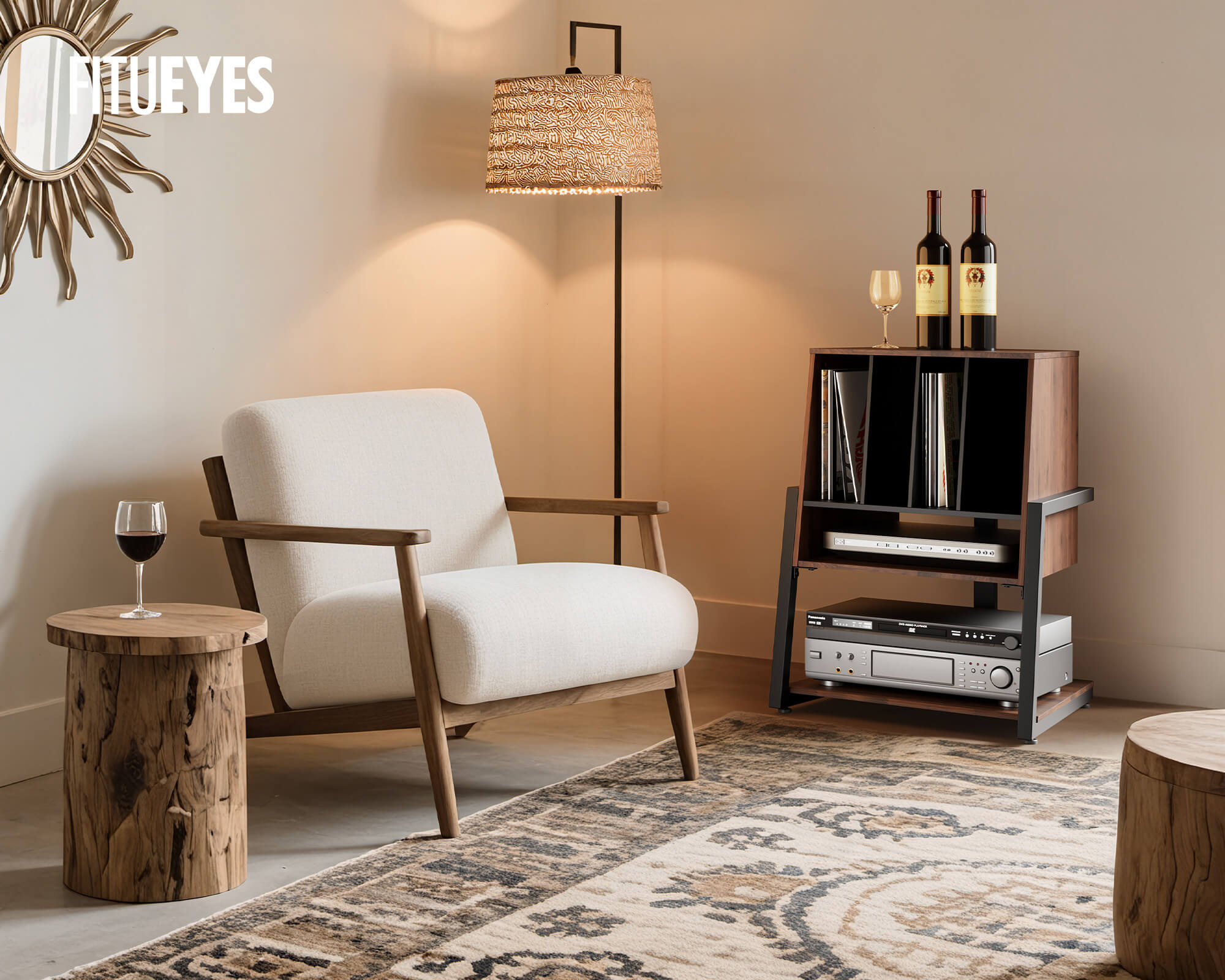 Multi-functional HiFi rack combining vinyl record storage, wine cabinet, and shelving unit