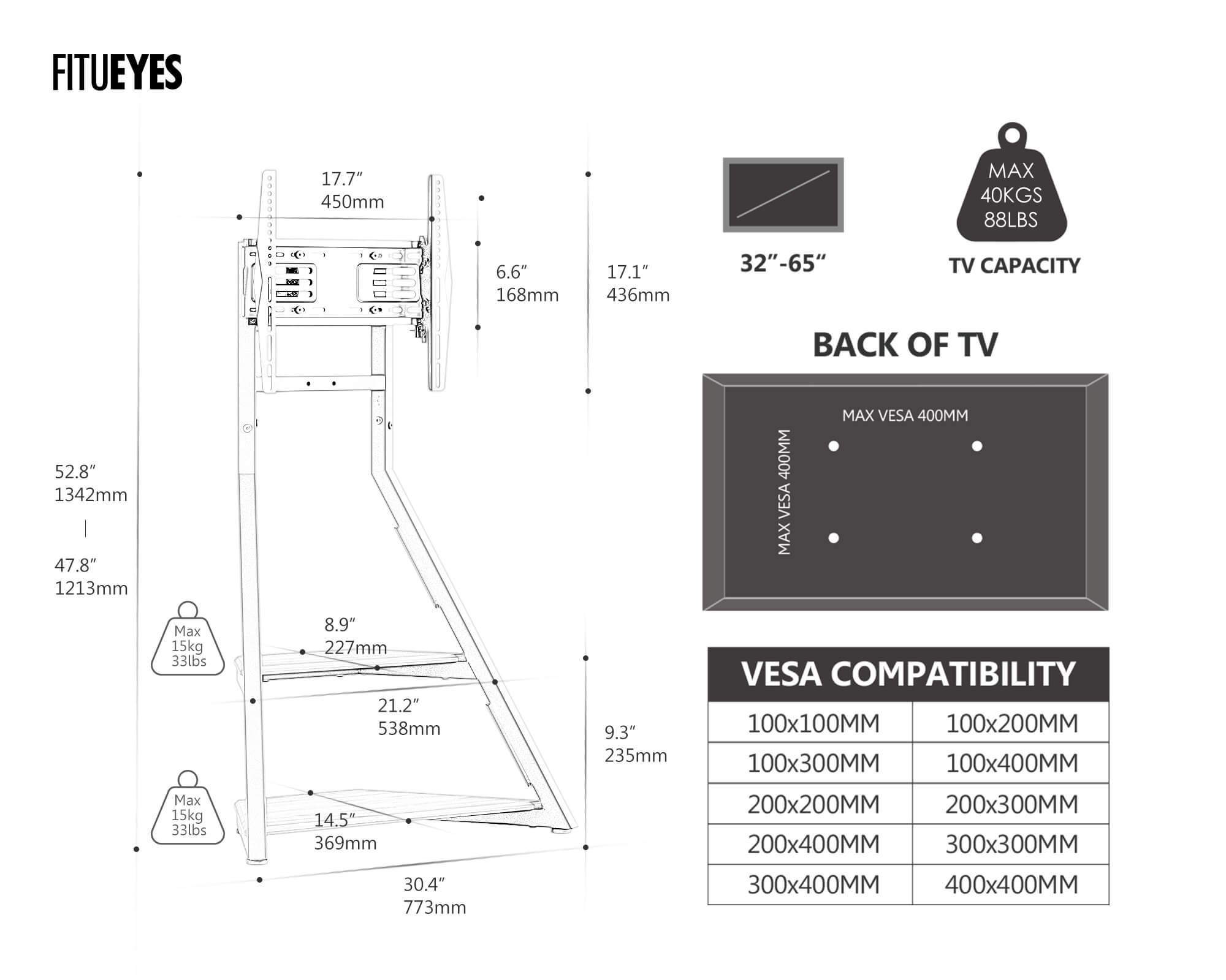 Eiffel FT65 Floor TV Stand With Wheels