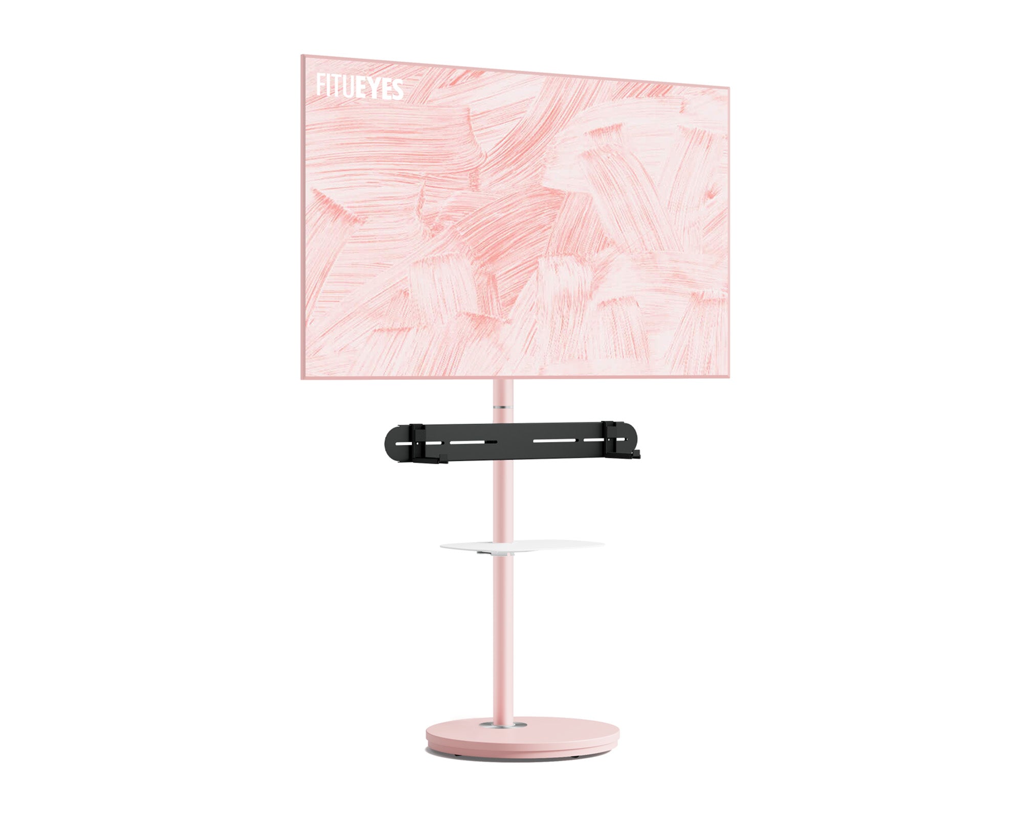 Pink minimalist TV stand with a soundbar bracket and a tier plate