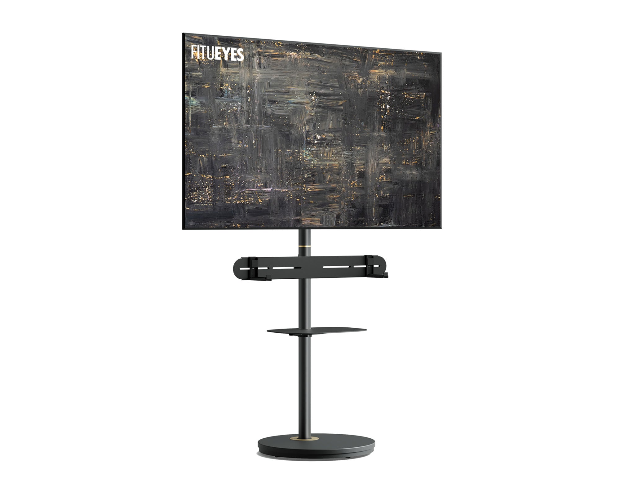 Black minimalist floor standing TV stand with a soundbar bracket and a tier plate