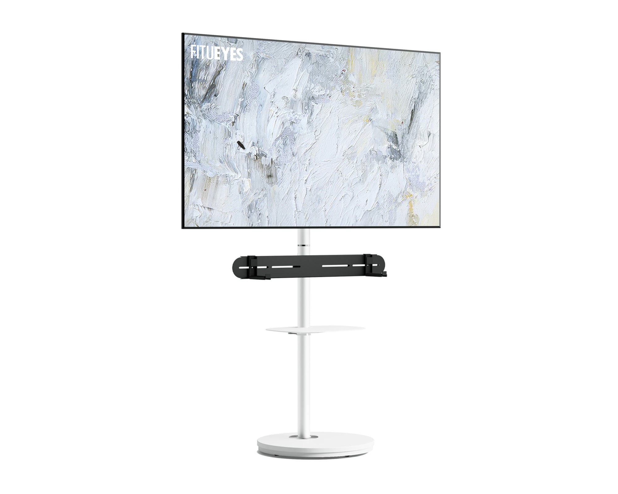 Mobile TV stand on wheels with a soundbar bracket and a tier plate