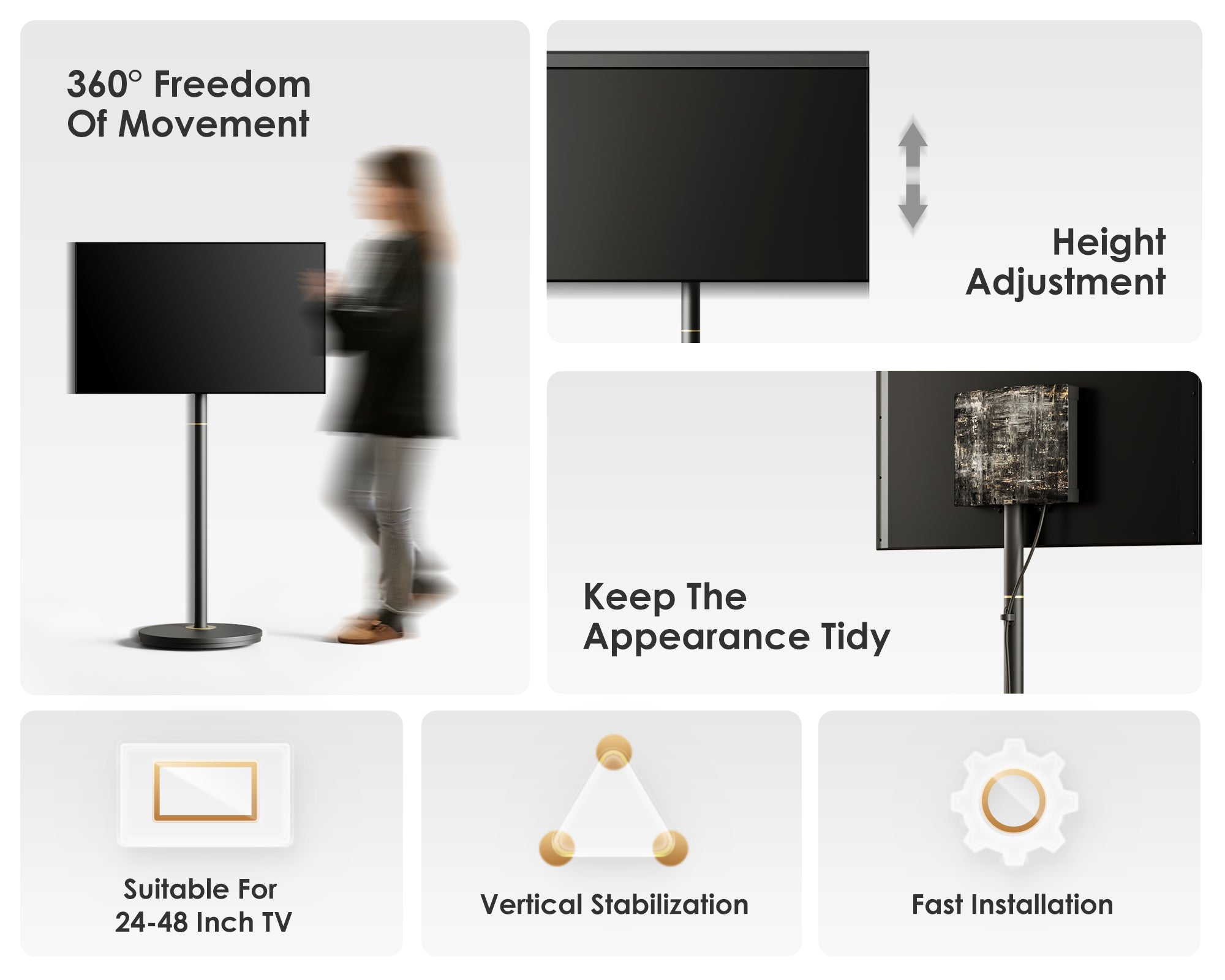Black floor TV stand with lockable casters, suitable for 24-48 inch TVs.