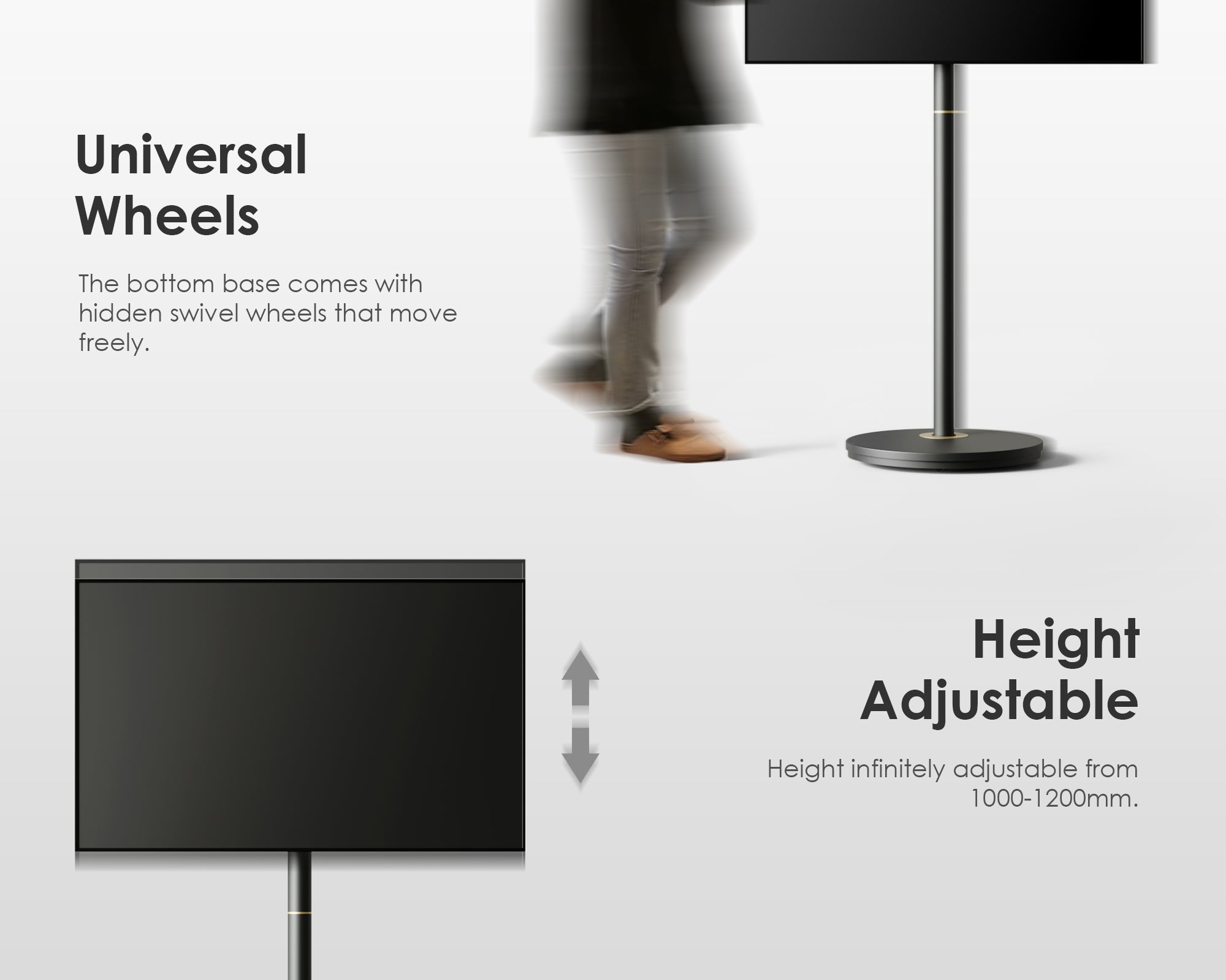 Height adjustable TV stand with universal wheels, for 24-48 inch TVs.