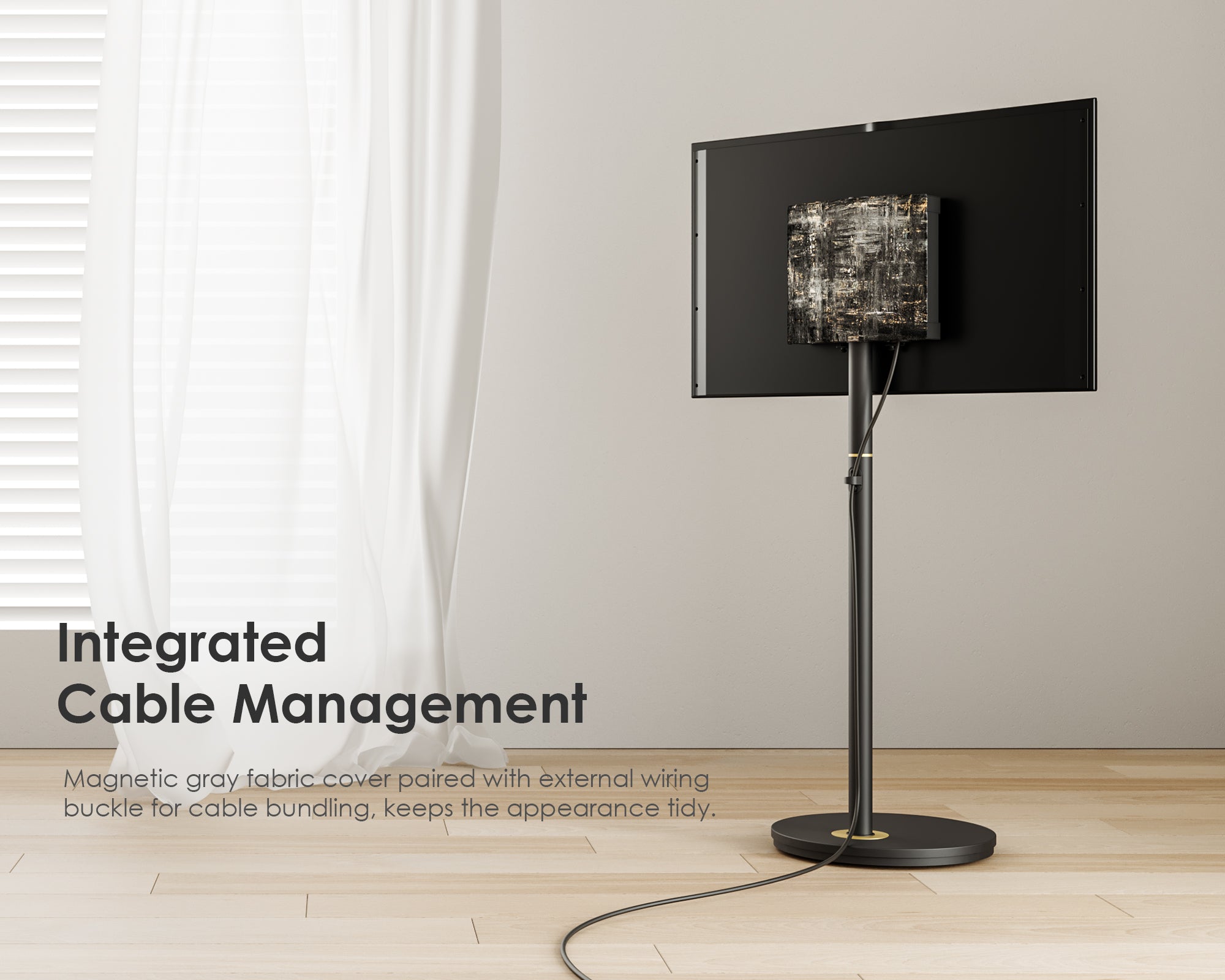 Black floor standing TV stand on casters with cable management feature