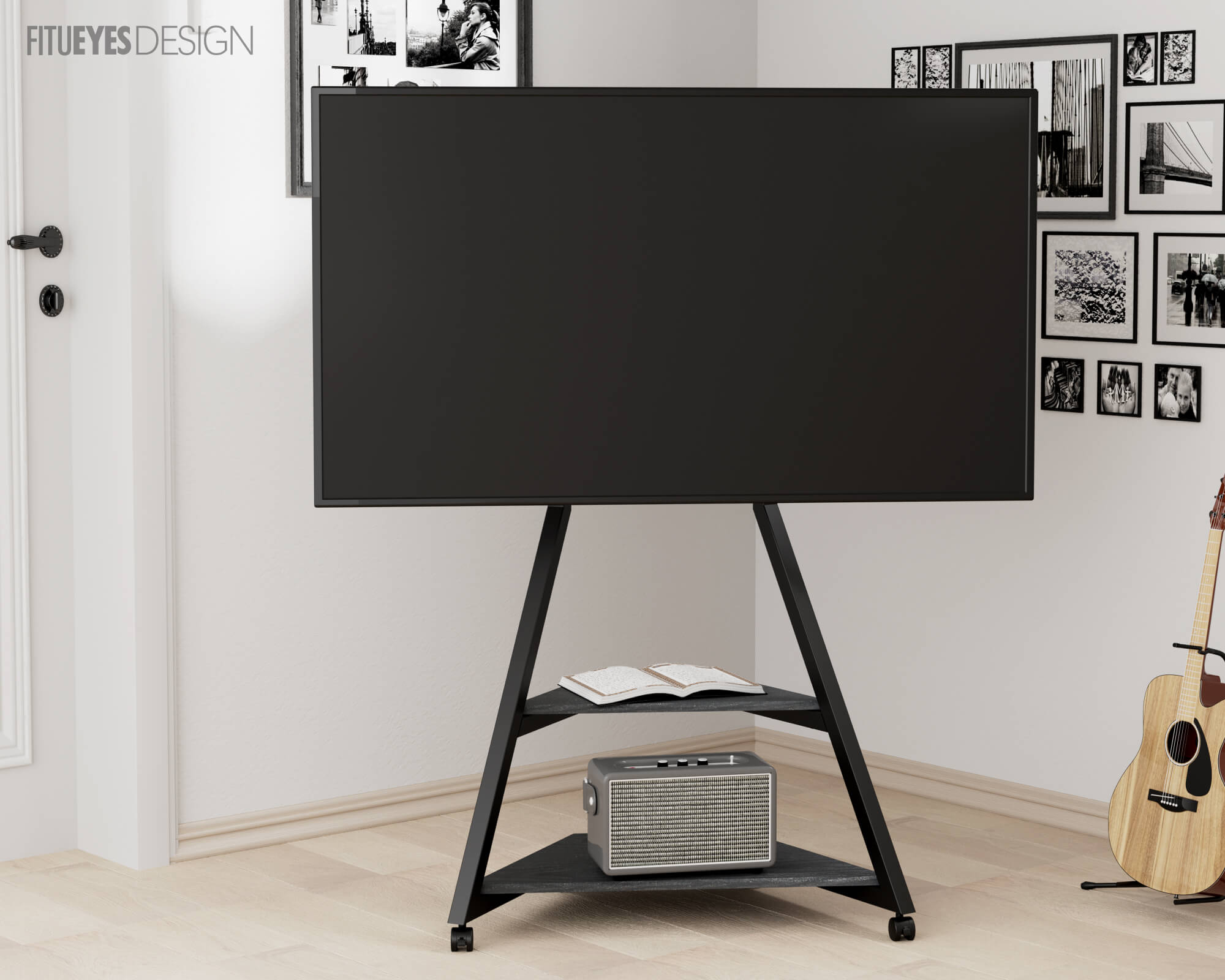 Black portable tv stand with wheels in the corner