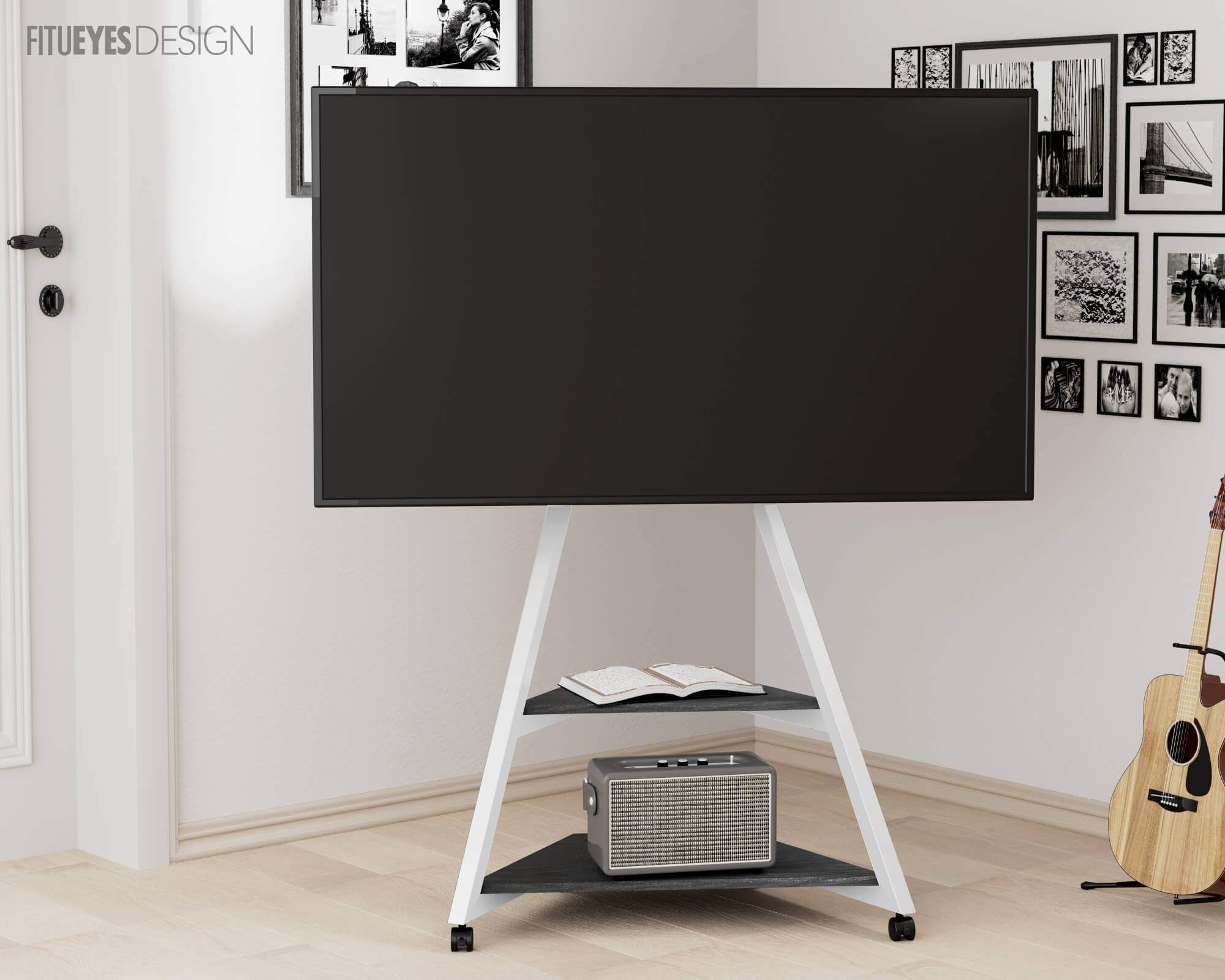 White portable tv stand on wheels in the corner.