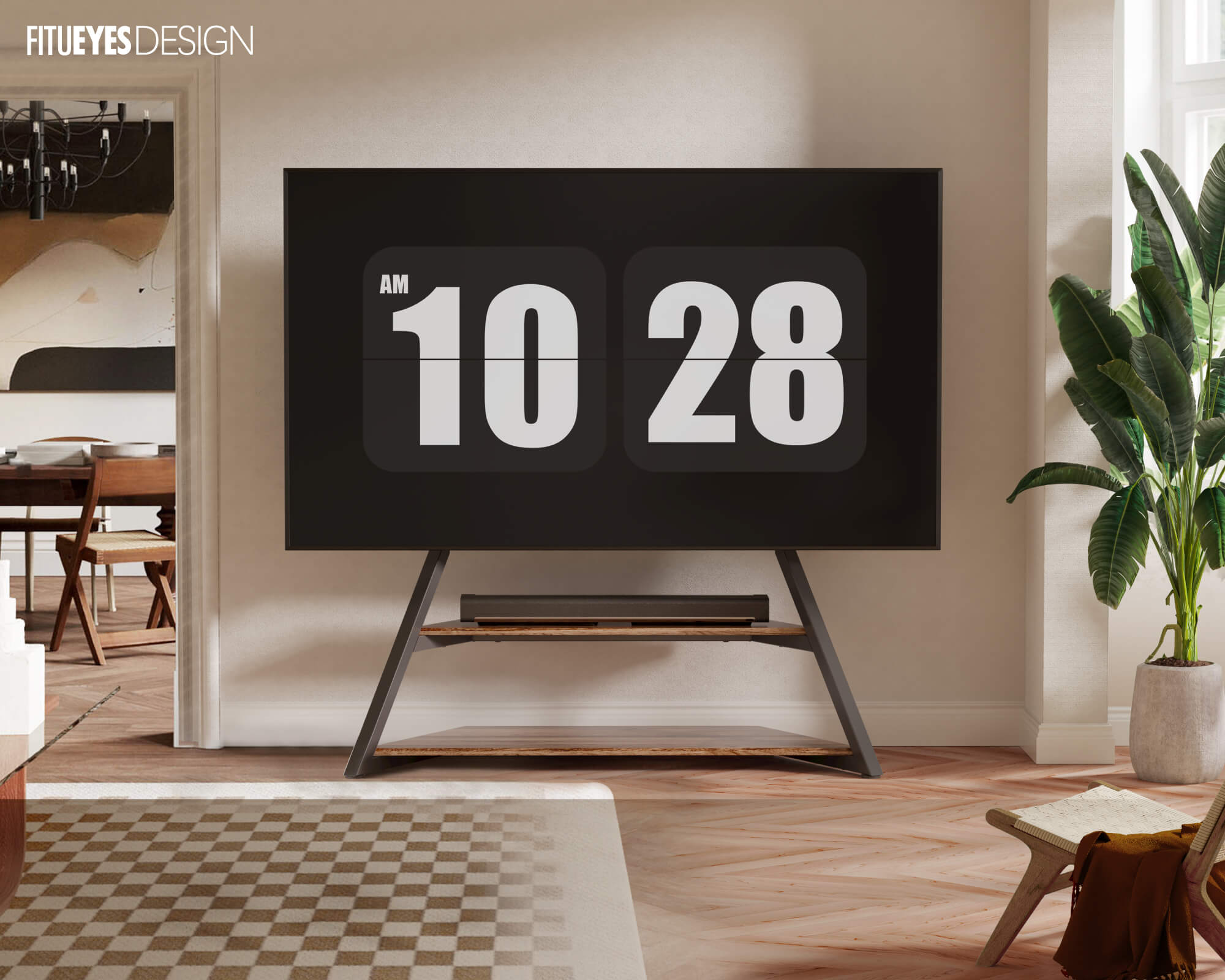 Floor standing TV stand in walnut in the living room for 75-100 inch screens