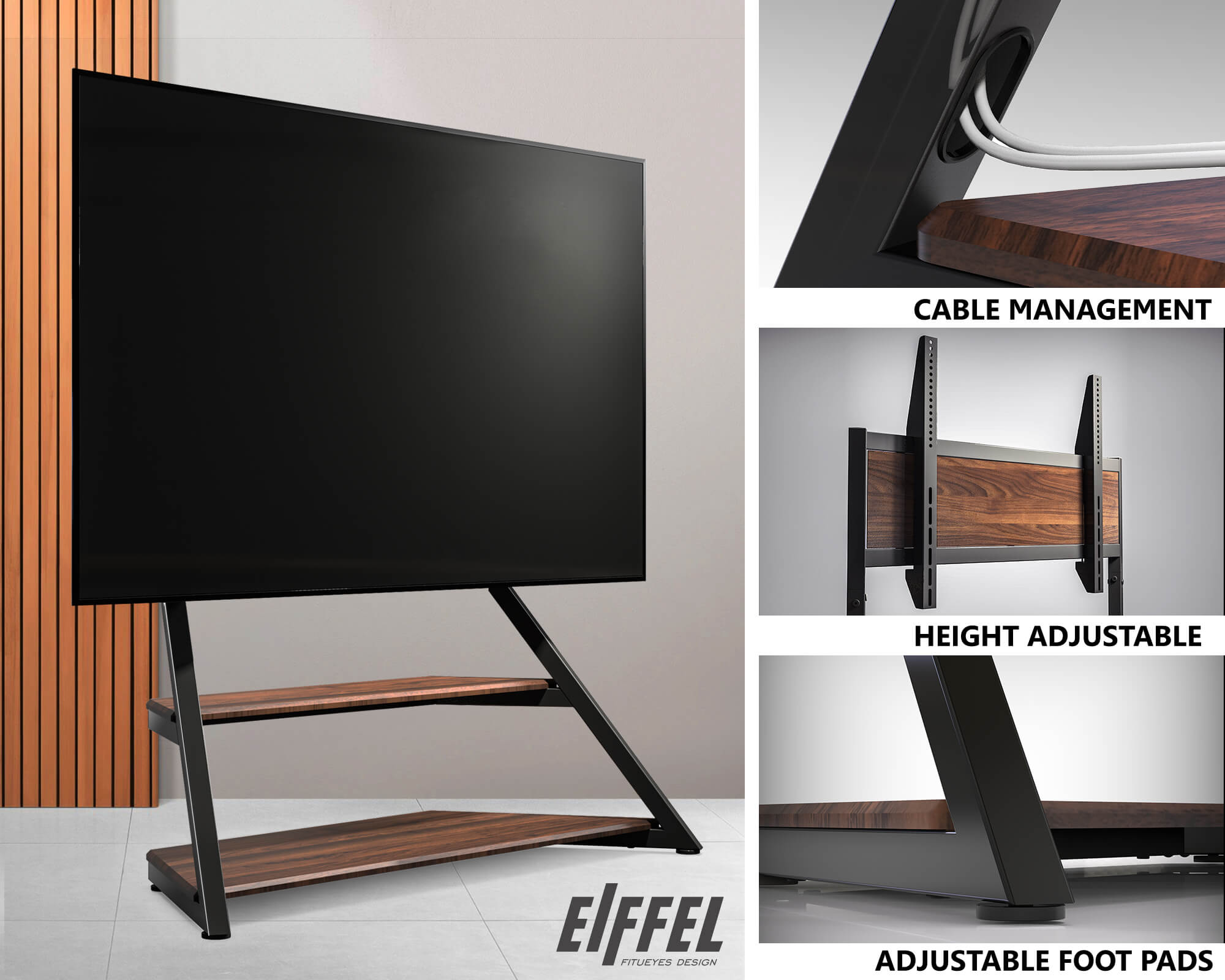 Floor standing TV stand in walnut with cable management, height adjustment and adjustable feet