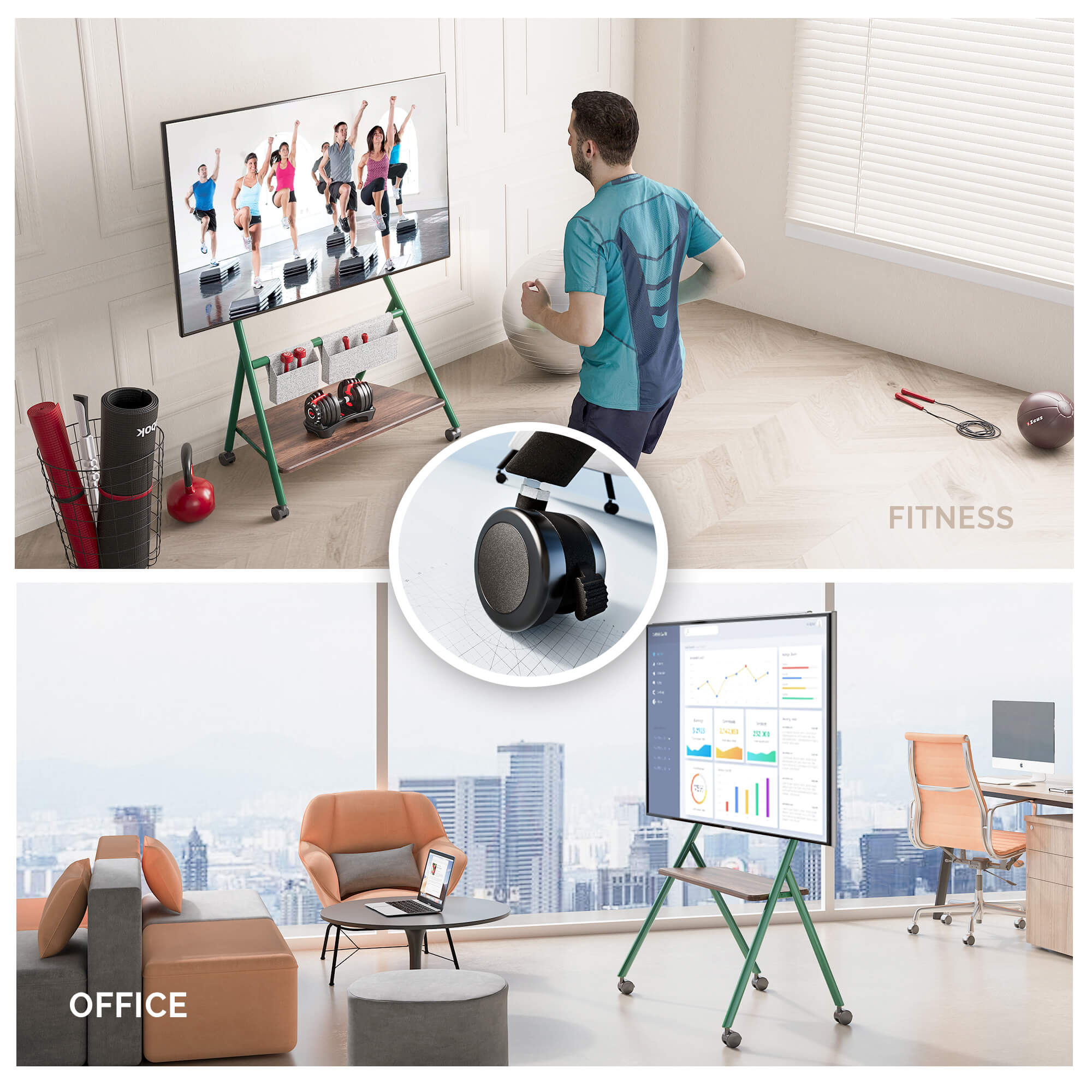mobile TV stand with wheels in the fitness room