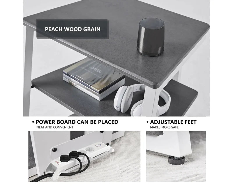 Contemporary HiFi cabinet with wood grain shelves and metal support structure