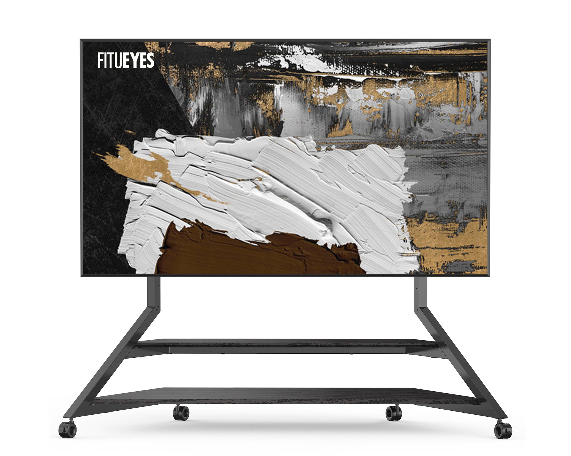 Fitueyes ft100 rolling floor TV stand with sturdy base and minimalist black design, compatible with 75-100 inch TVs.