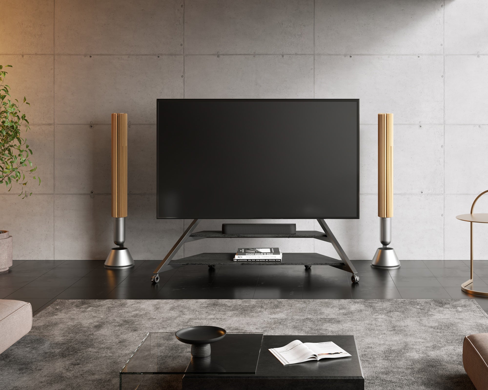 Black floor TV stand with wheels for 75-100 inch screens in the living room