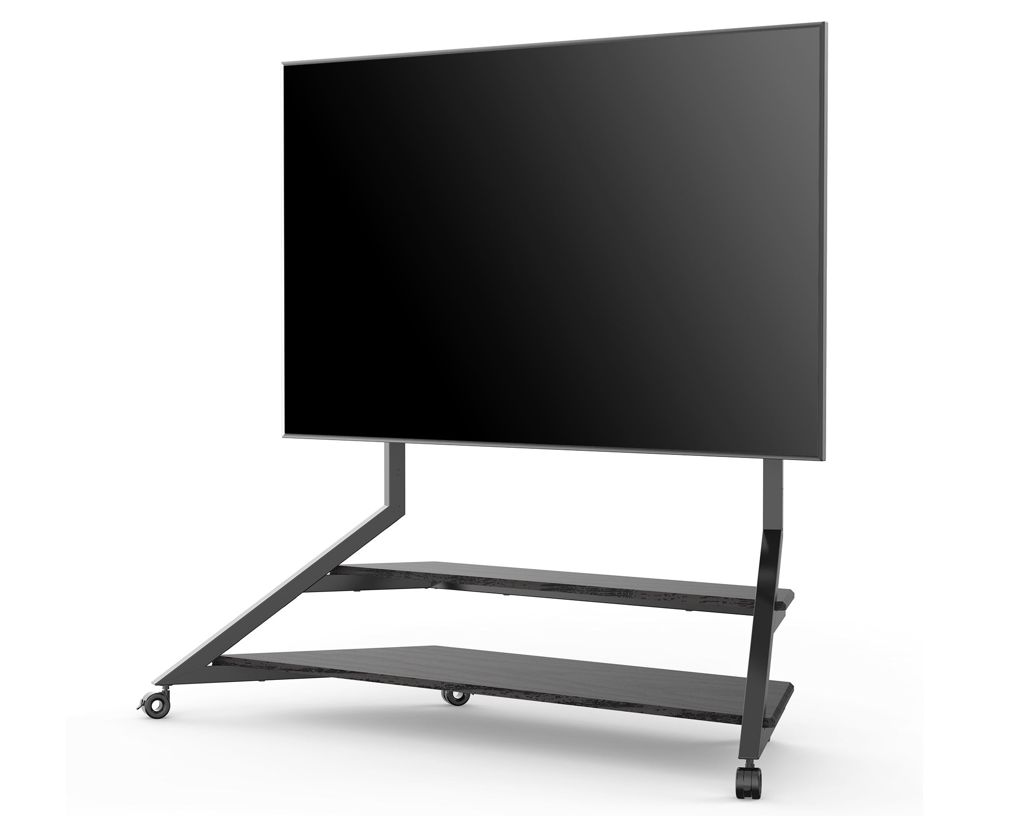 floor standing TV stand with wheels， with sturdy base and minimalist black design, compatible with 75-100 inch TVs.