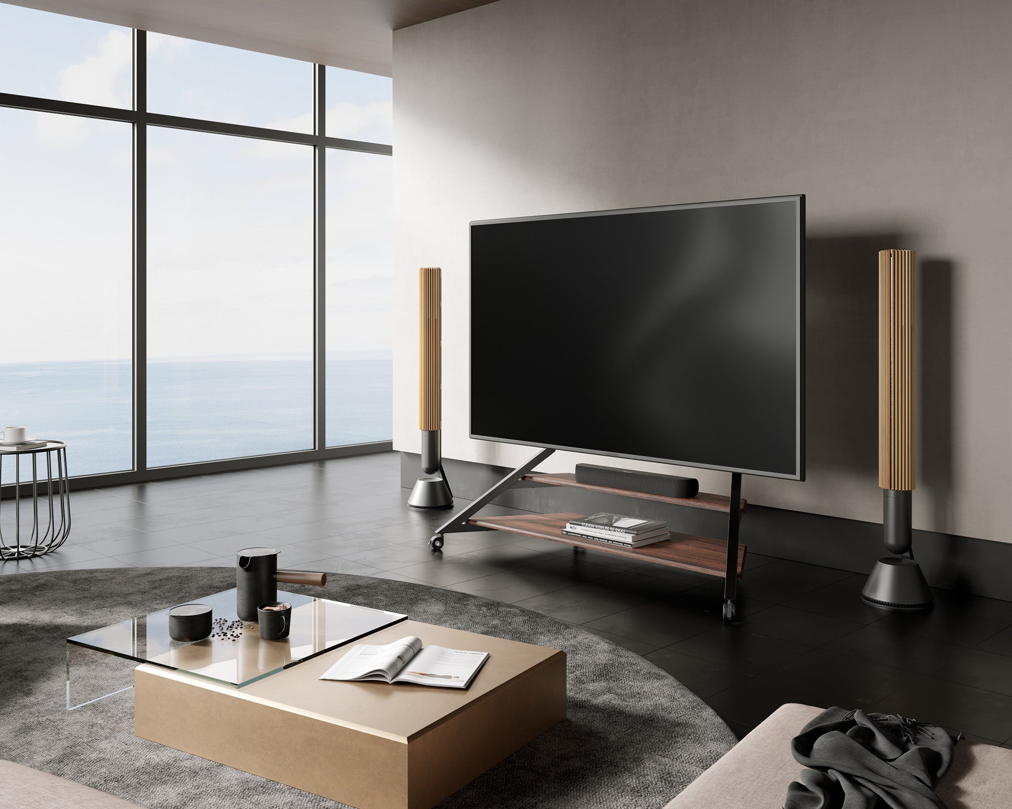 eiffel v2 ft100 walnut floor TV stand with wheels in the living room