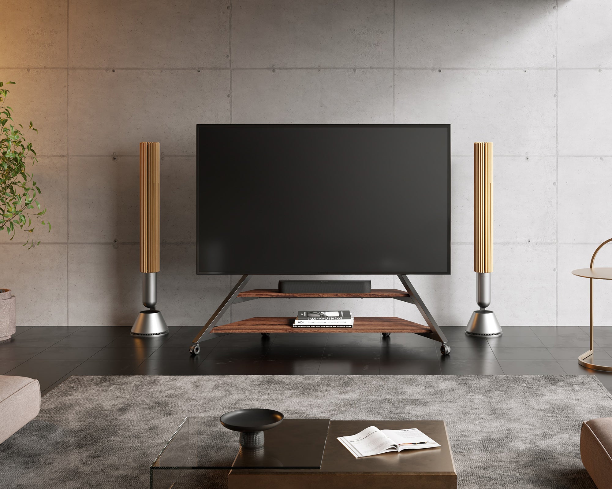 Walnut floor TV stand with wheels for 75-100 inch screens in the living room