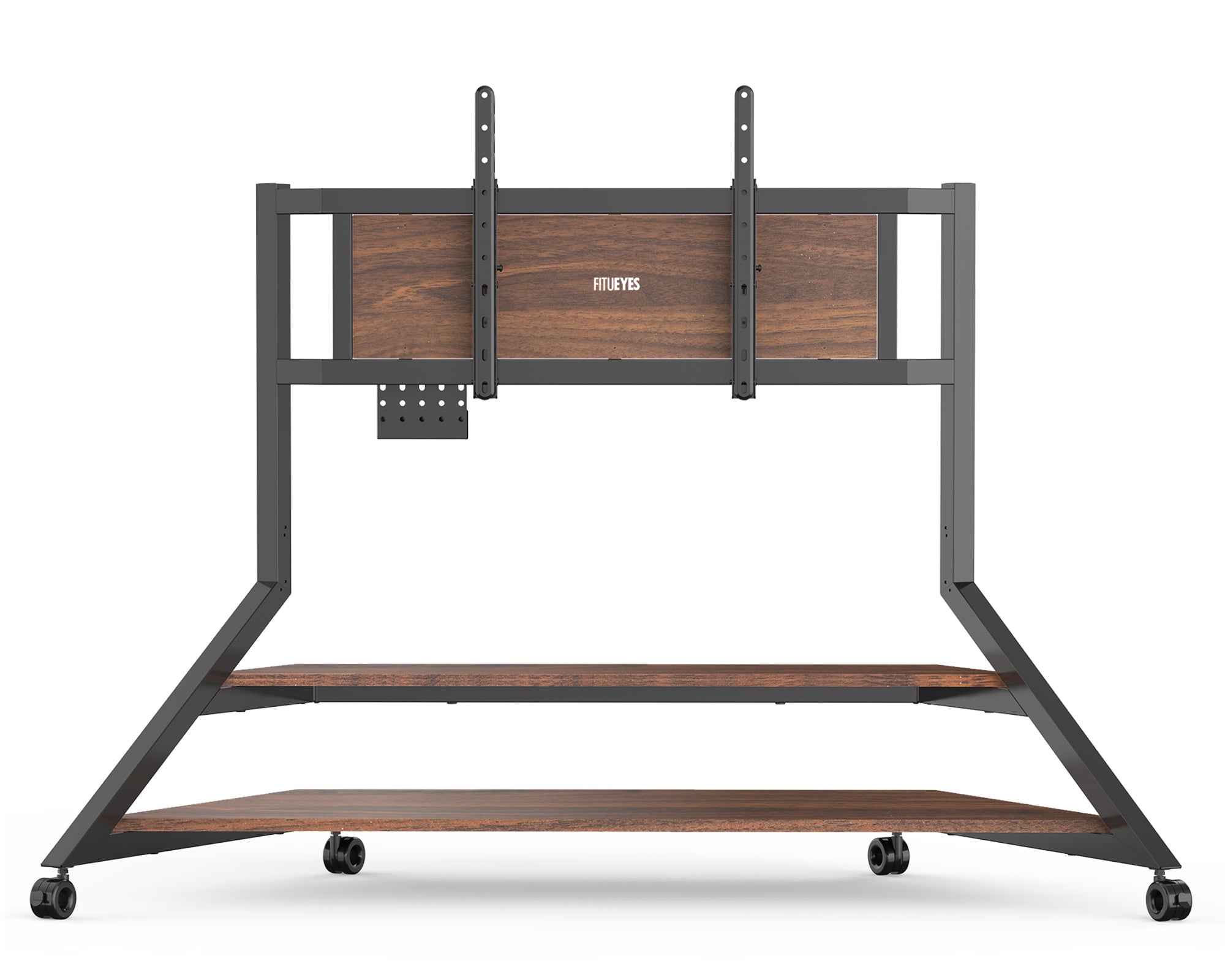 eiffel v2 ft100 rolling floor TV stand in
 walnut with sturdy base, compatible with 75-100 inch TVs.