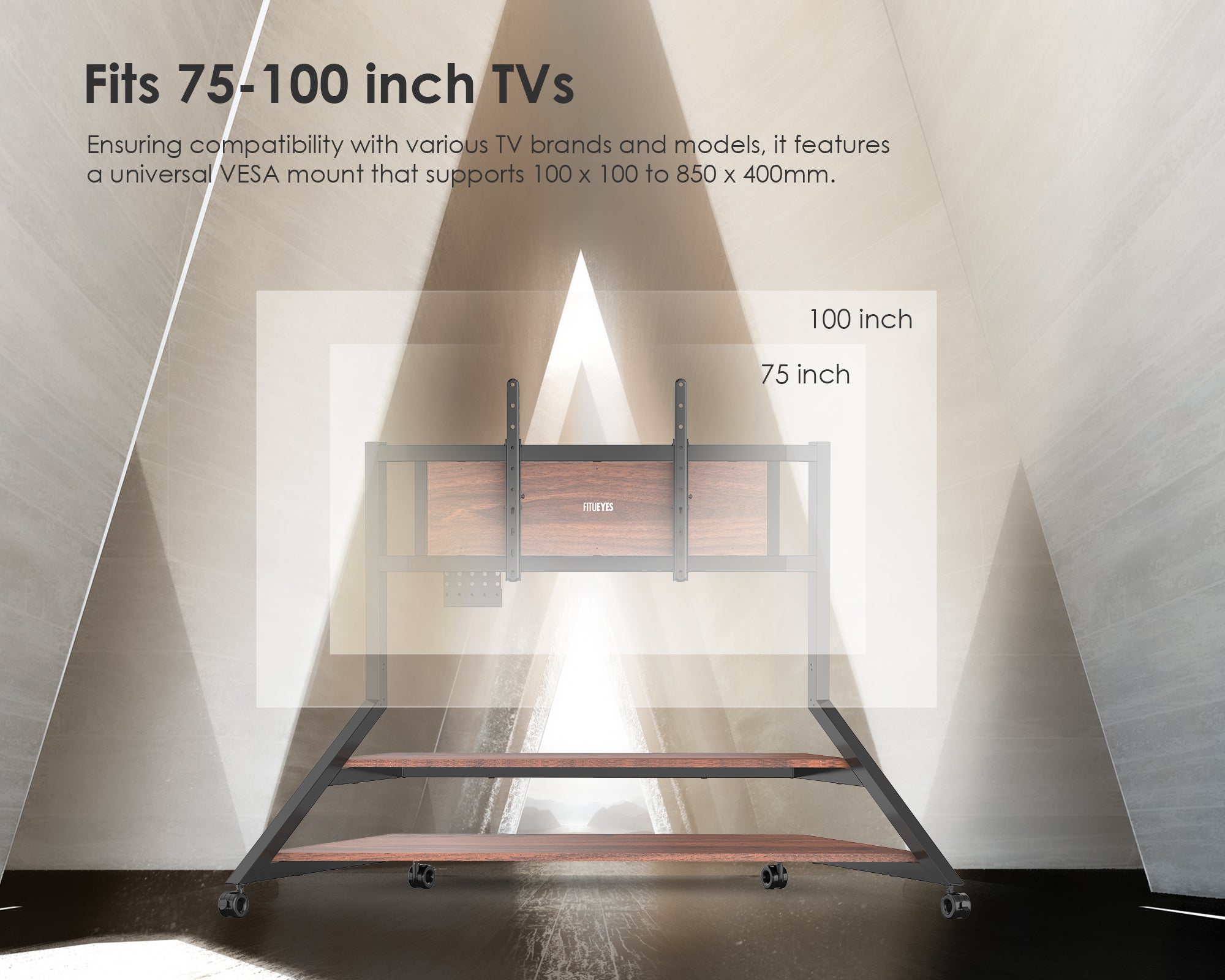Eiffel v2 ft100 rolling floor TV stand in walnut for 75-100 inch TVs.