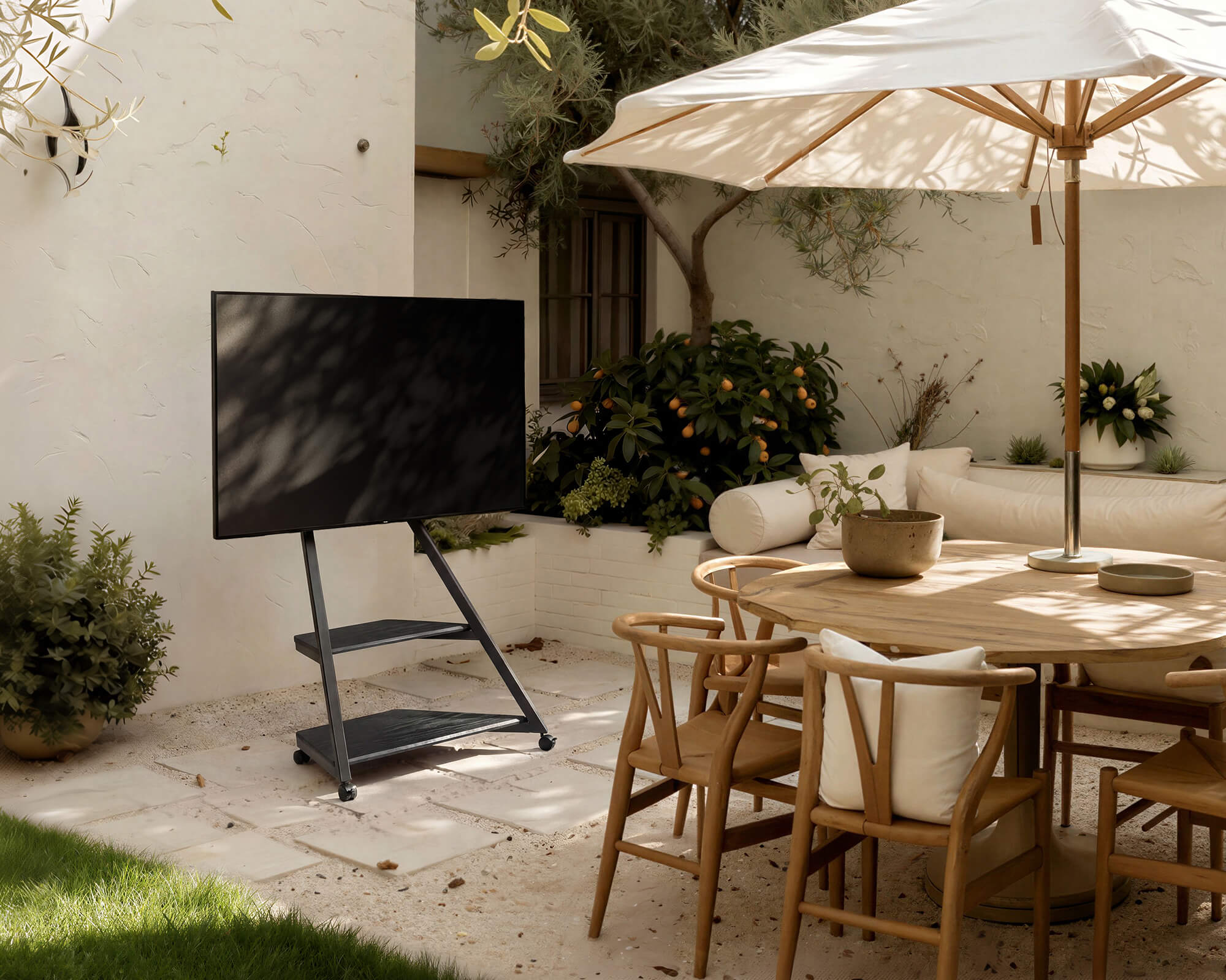 Outdoor tv stand setup with a minimalist aesthetic in a terrace garden