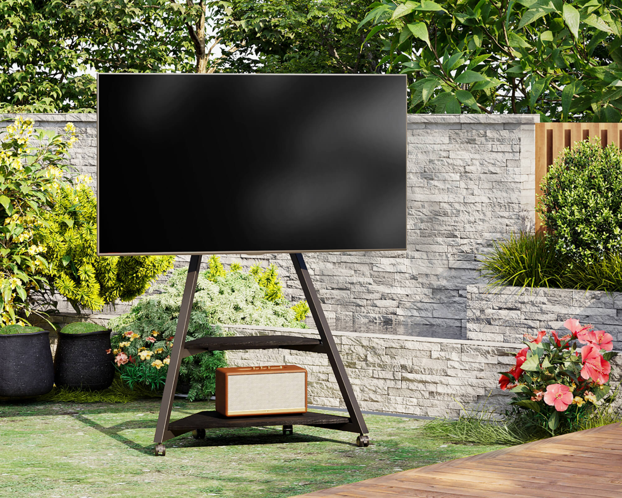 Portable tv stand on castors in a sunny courtyard