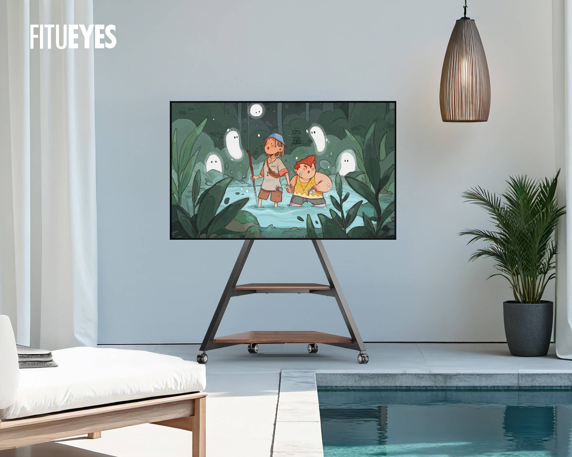 Portable tv stand with wheels placed poolside 