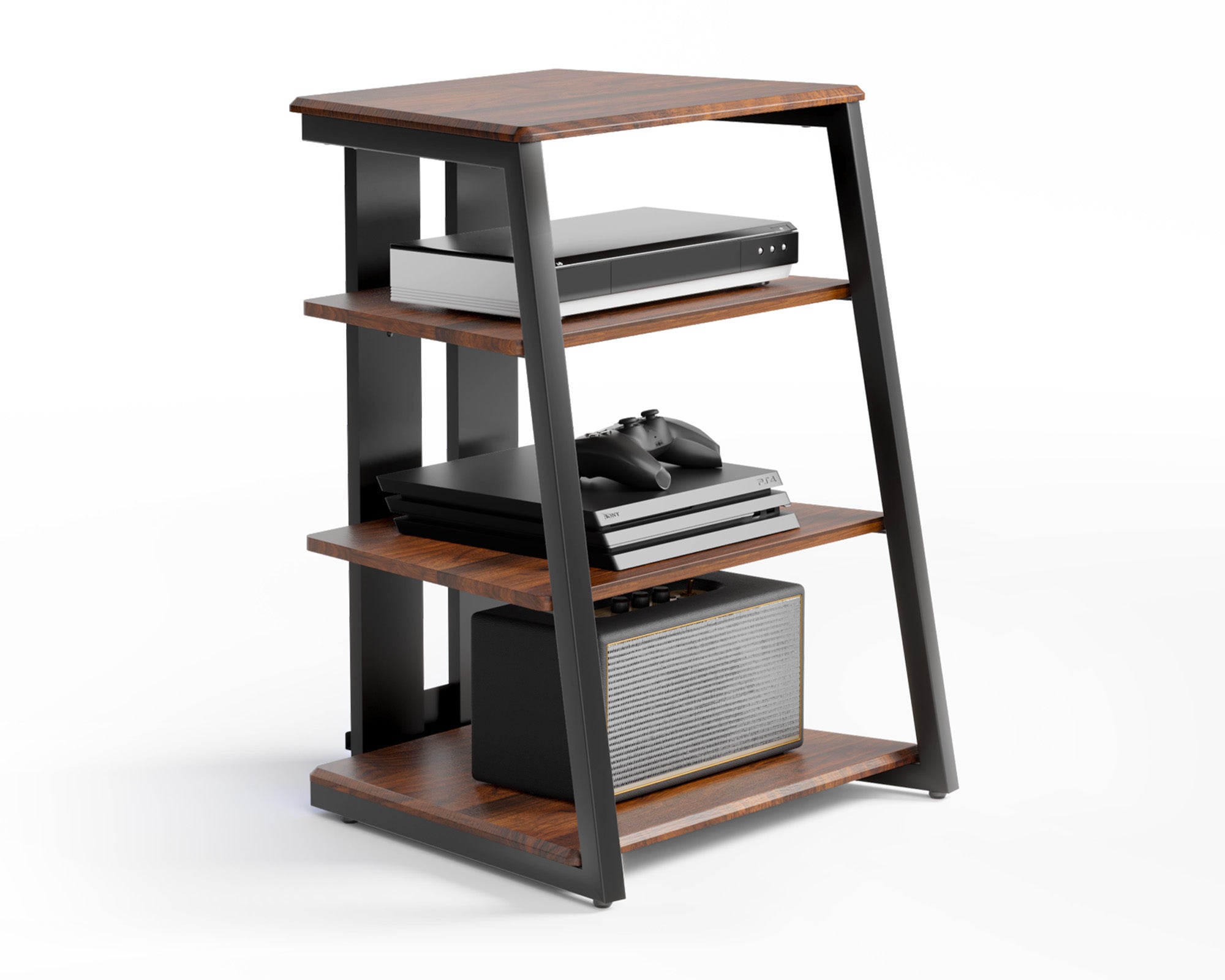 FITUEYES Eiffel Series F07 audio rack with walnut wood finish and 4-tier open shelving