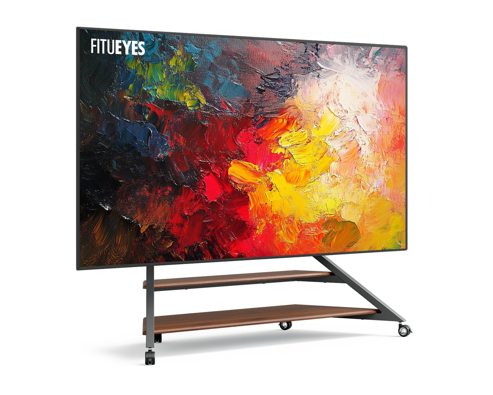 v2 ft100 portable television stand, rolling floor TV stand with sturdy base and minimalist walnut design, compatible with 75-100 inch TVs.