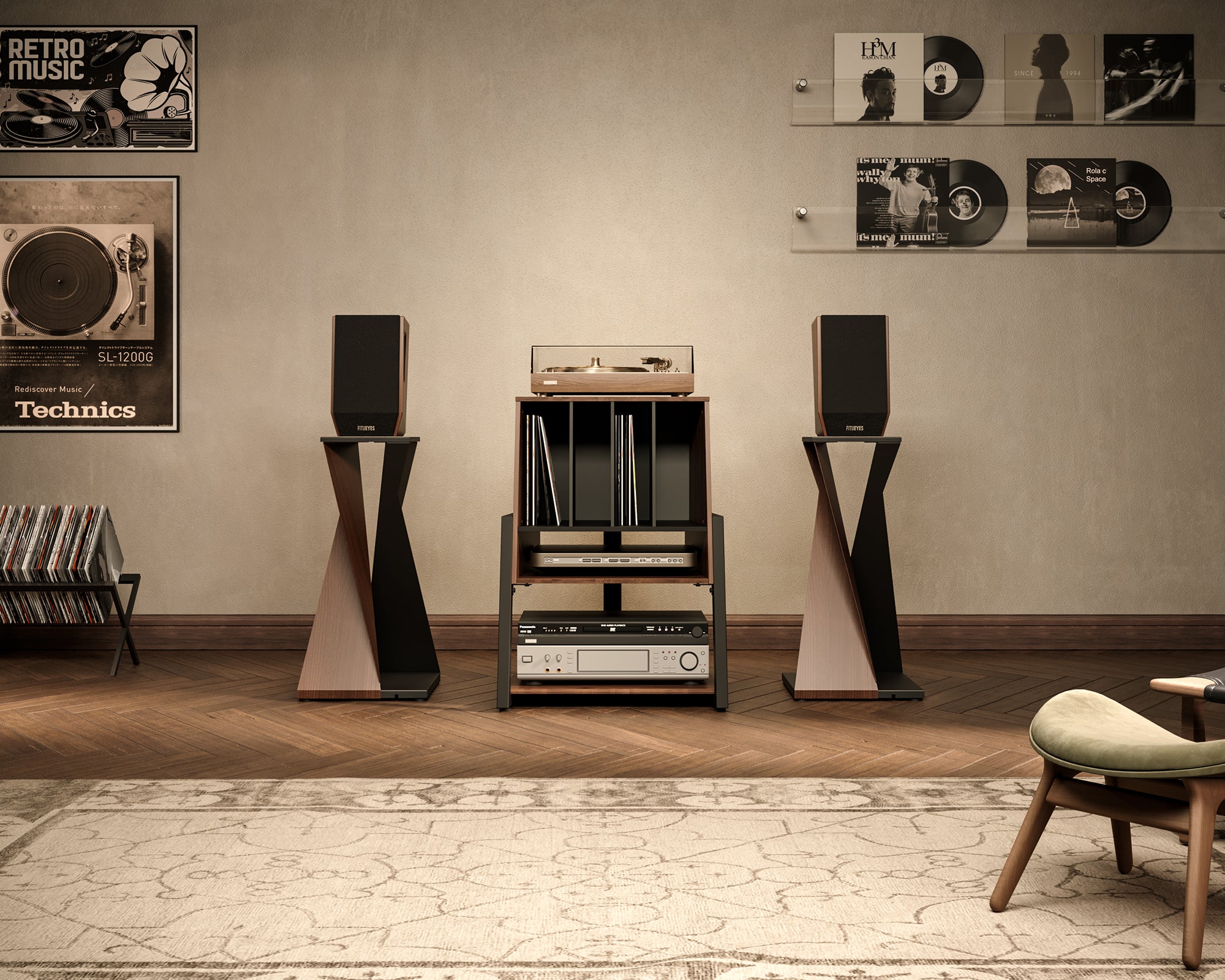 Walnut-coloured record player stand in the audio-visual room.